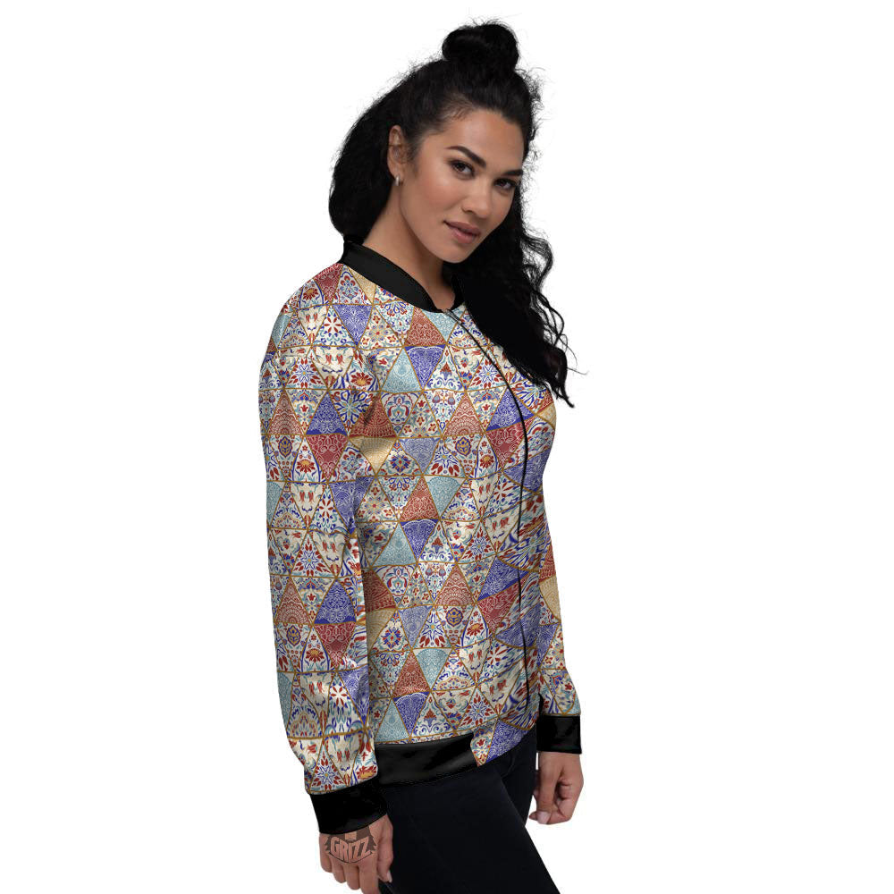 Patchwork Boho Mandala Print Pattern Women's Bomber Jacket-grizzshop