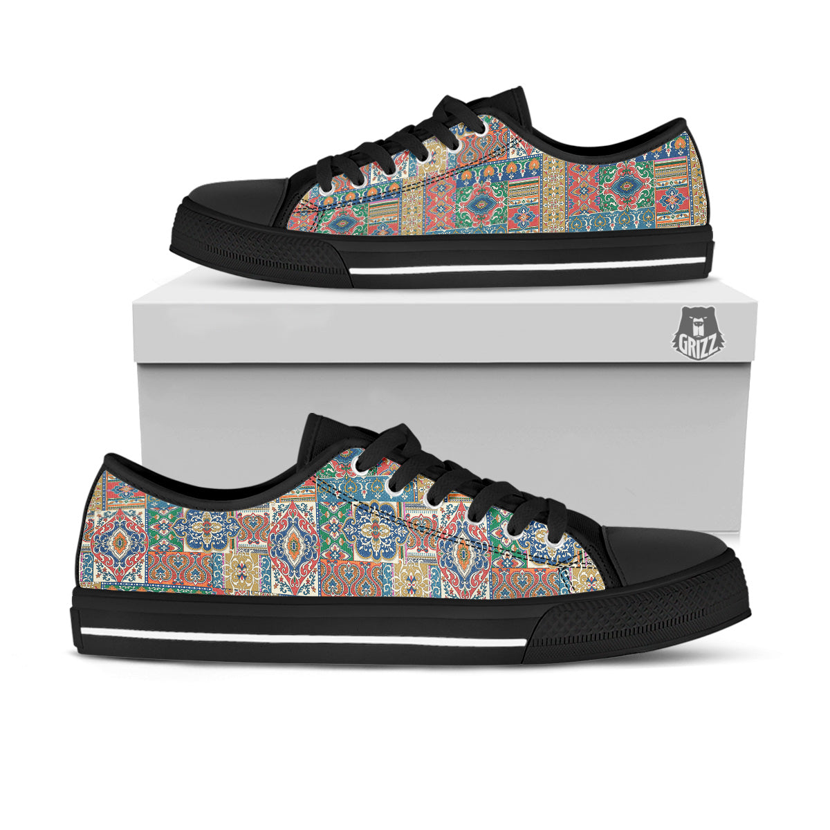 Patchwork Damask Vintage Print Pattern Black Low Top Shoes-grizzshop