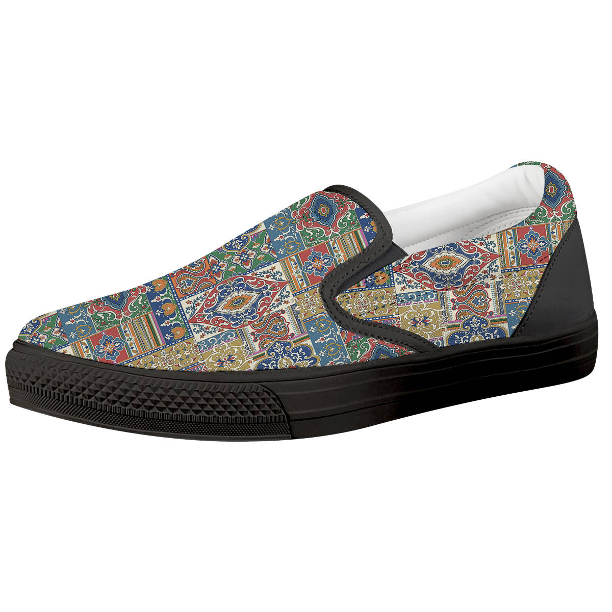 Patchwork Damask Vintage Print Pattern Black Slip On Shoes-grizzshop