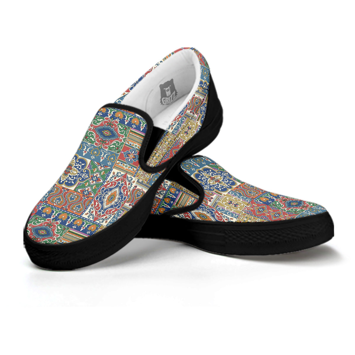 Patchwork Damask Vintage Print Pattern Black Slip On Shoes-grizzshop