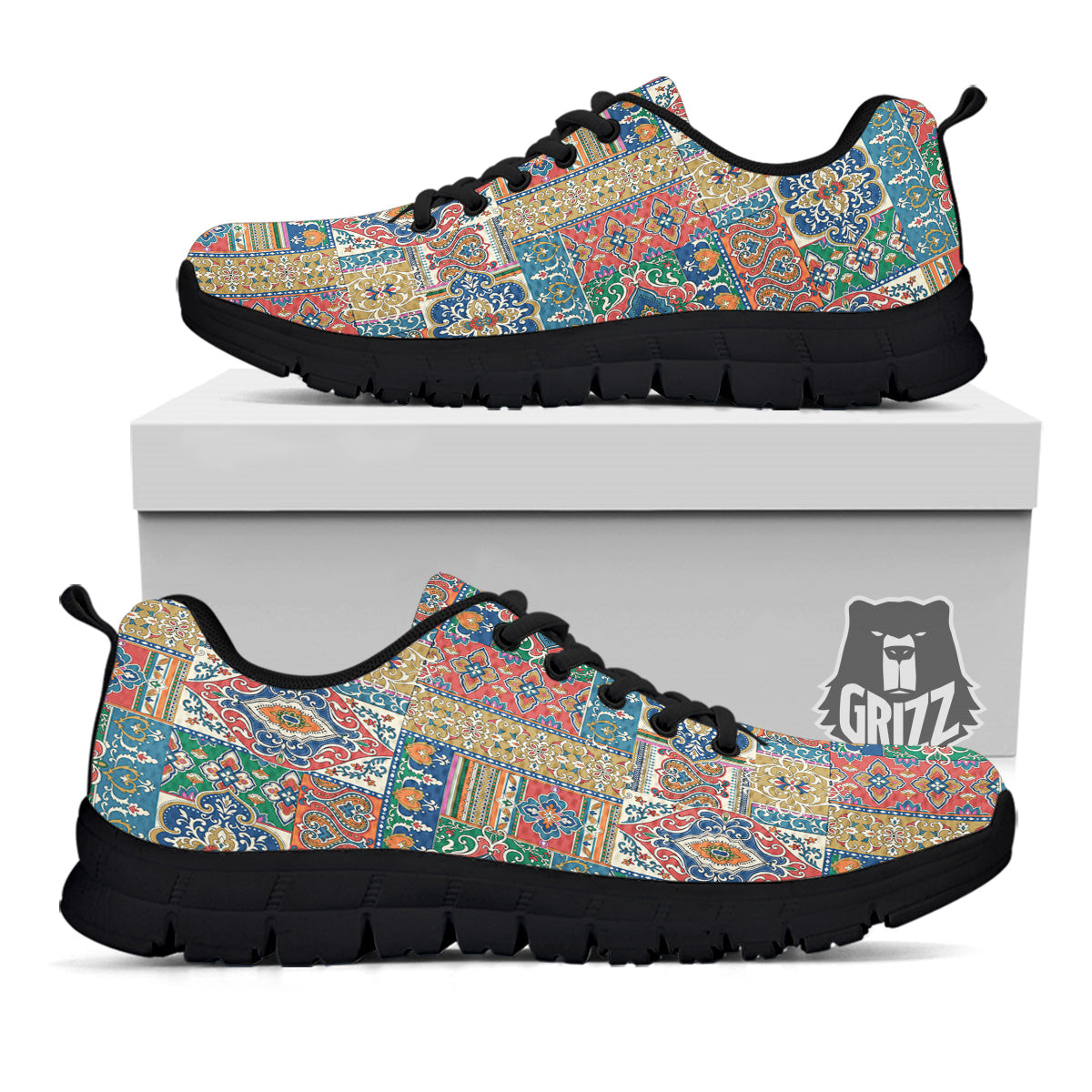 Patchwork Damask Vintage Print Pattern Black Sneaker-grizzshop
