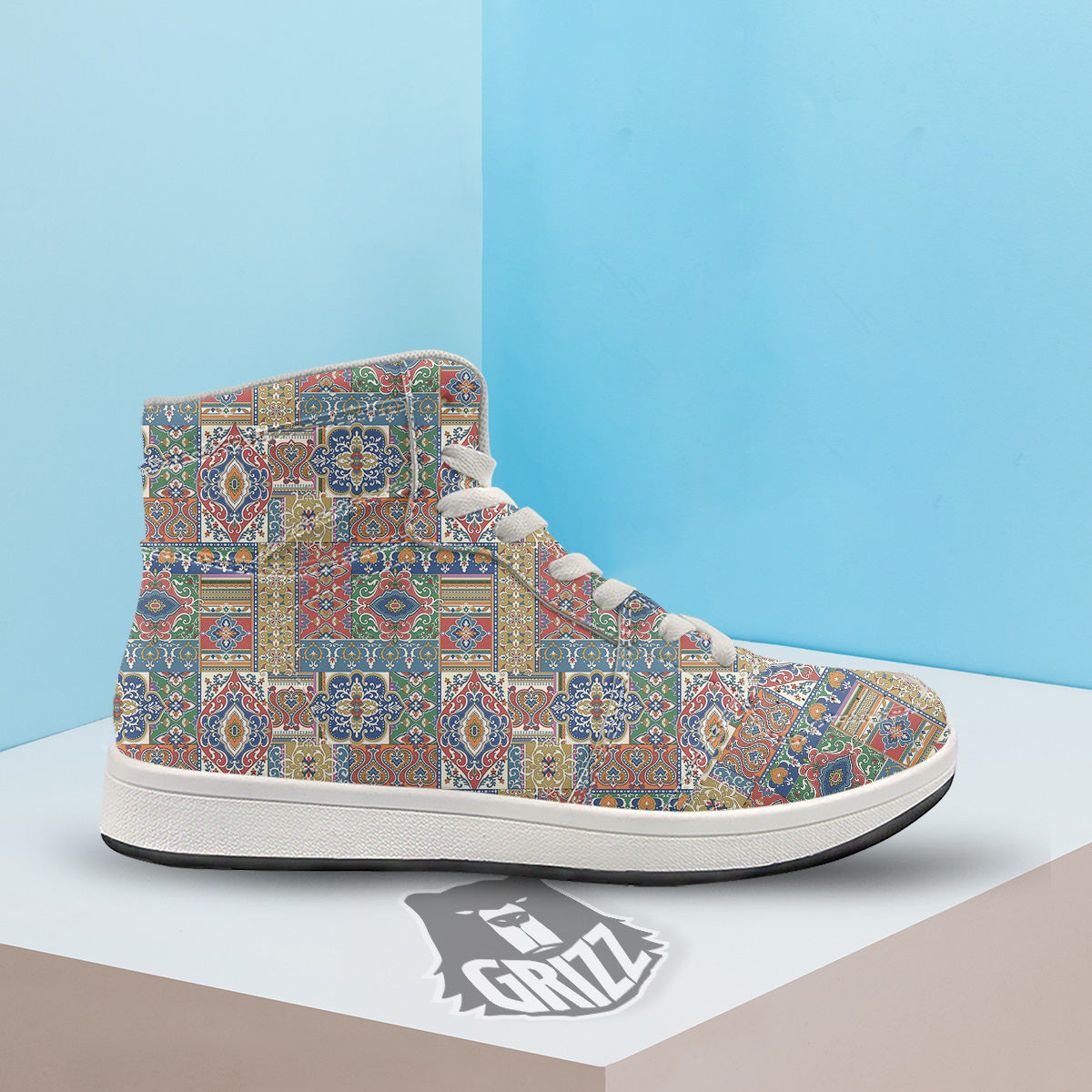 Patchwork Damask Vintage Print Pattern High Top Sneakers-grizzshop