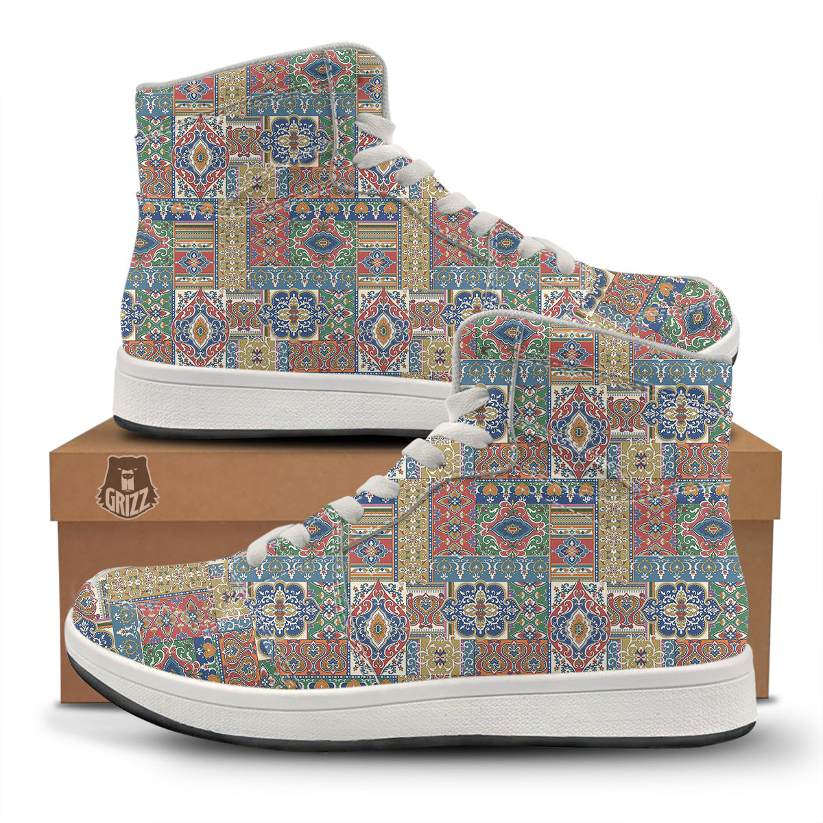 Patchwork Damask Vintage Print Pattern High Top Sneakers-grizzshop