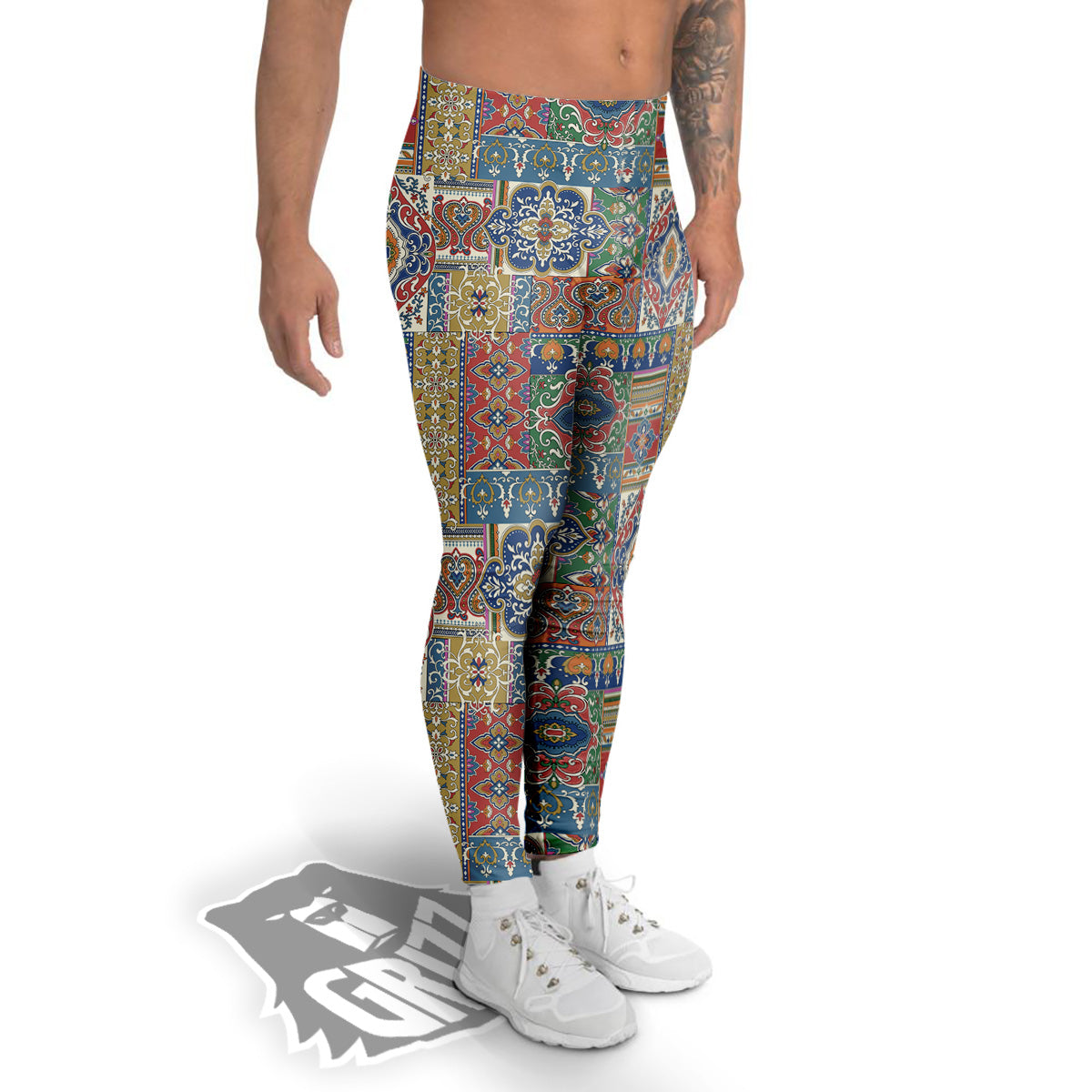 Patchwork Damask Vintage Print Pattern Men's Leggings-grizzshop