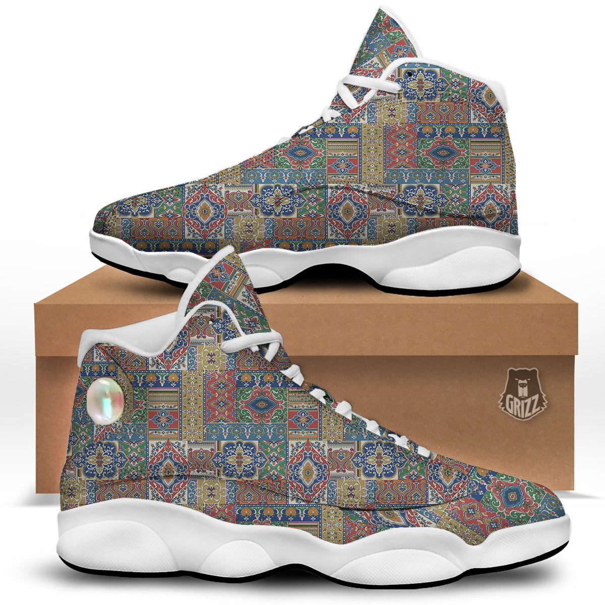 Patchwork Damask Vintage Print Pattern White Basketball Shoes-grizzshop