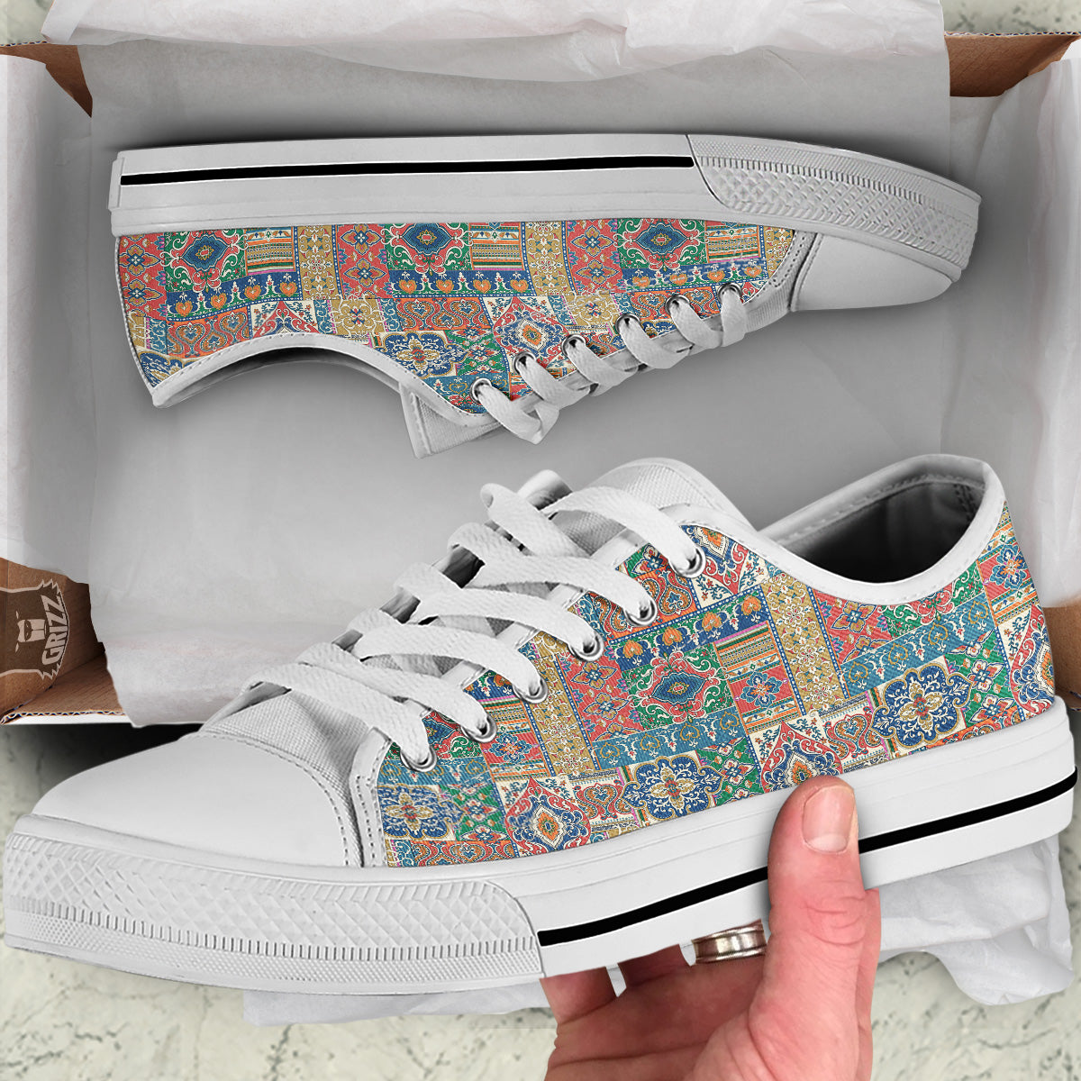 Patchwork Damask Vintage Print Pattern White Low Top Shoes-grizzshop