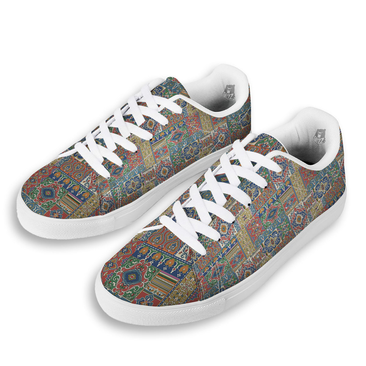 Patchwork Damask Vintage Print Pattern White Low Top Sneakers-grizzshop