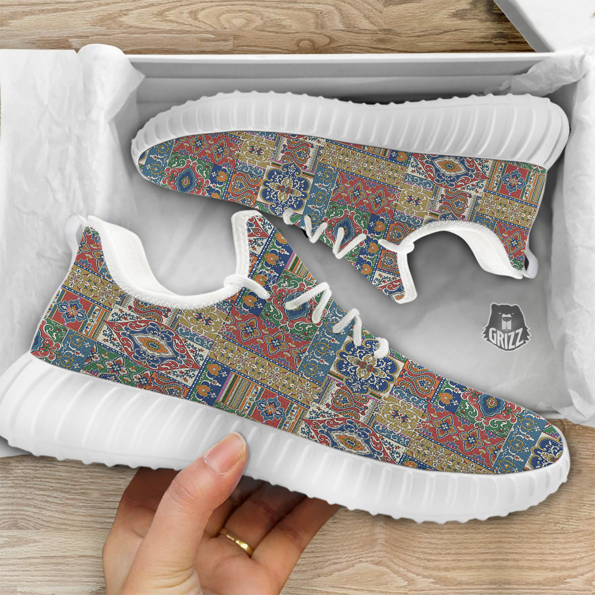 Patchwork Damask Vintage Print Pattern White Walking Shoes-grizzshop