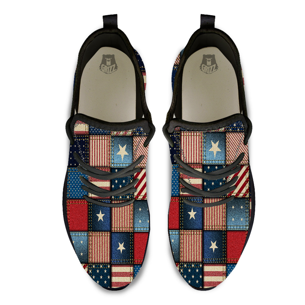 Patchwork Denim American Print Pattern Black Athletic Shoes-grizzshop