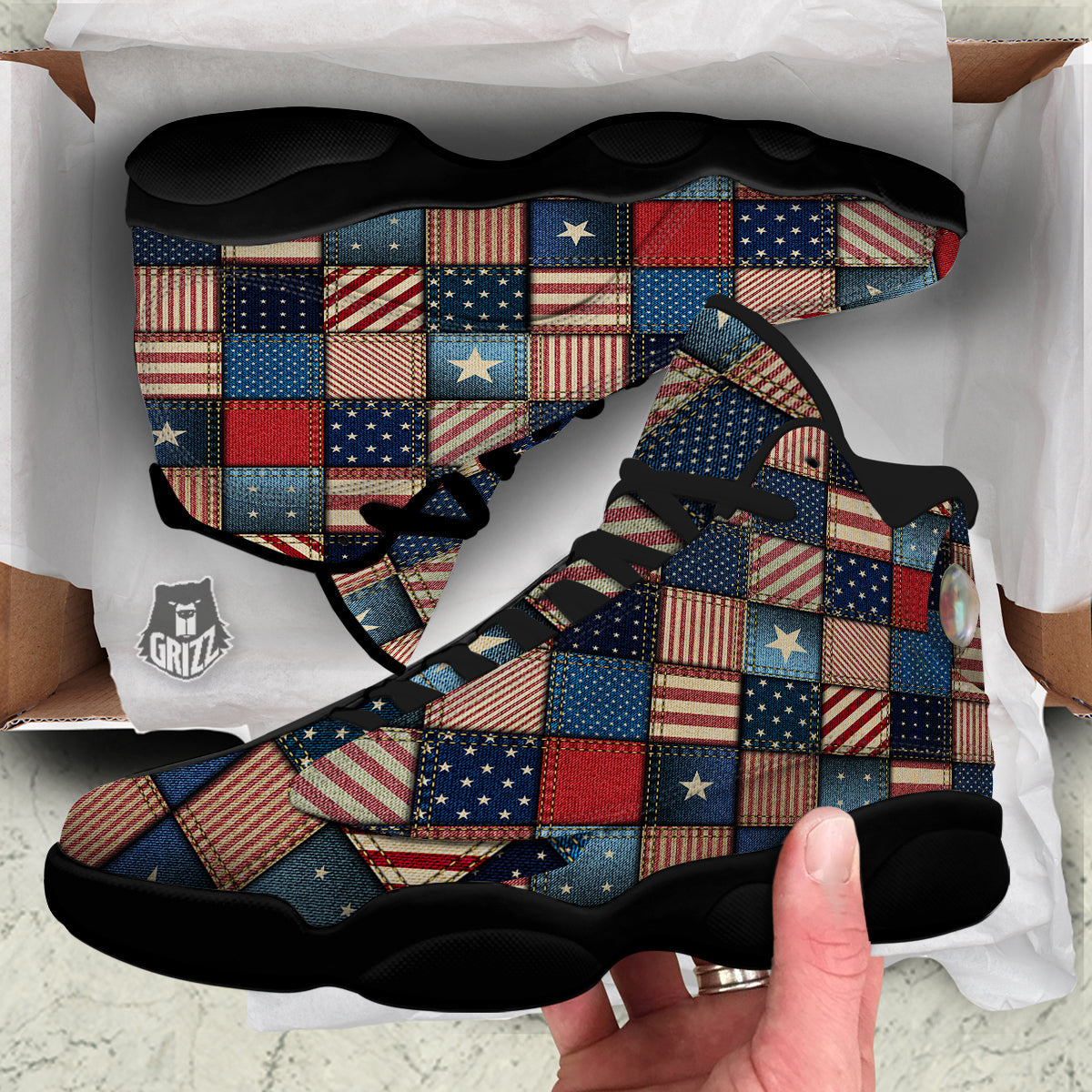 Patchwork Denim American Print Pattern Black Basketball Shoes-grizzshop
