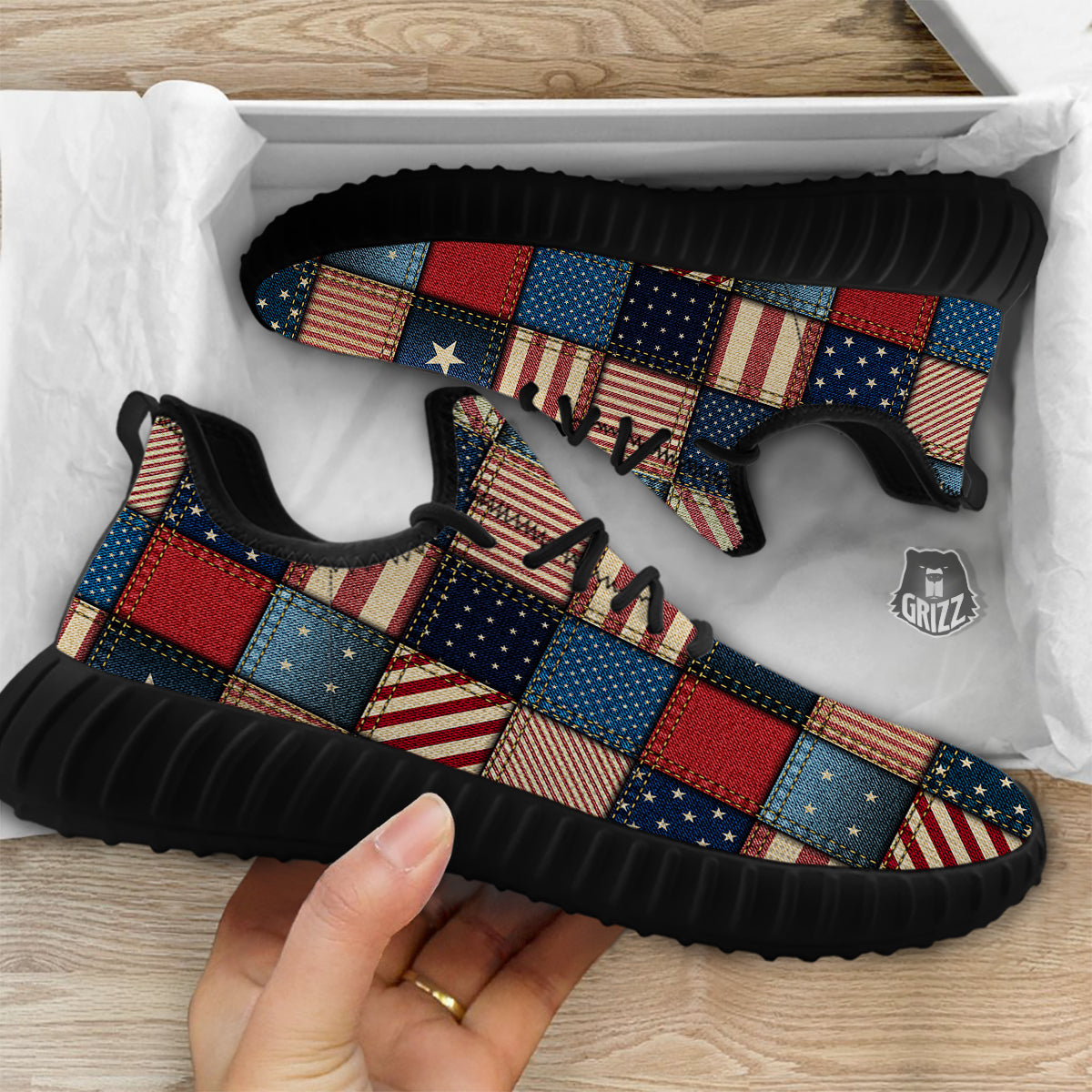 Patchwork Denim American Print Pattern Black Walking Shoes-grizzshop