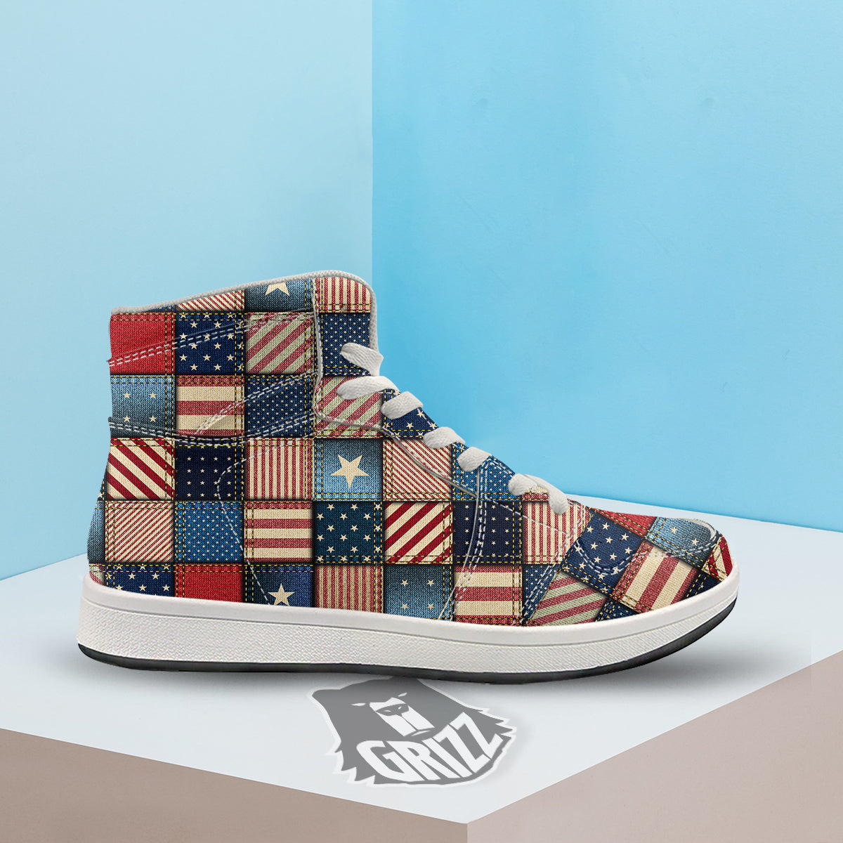 Patchwork Denim American Print Pattern High Top Sneakers-grizzshop