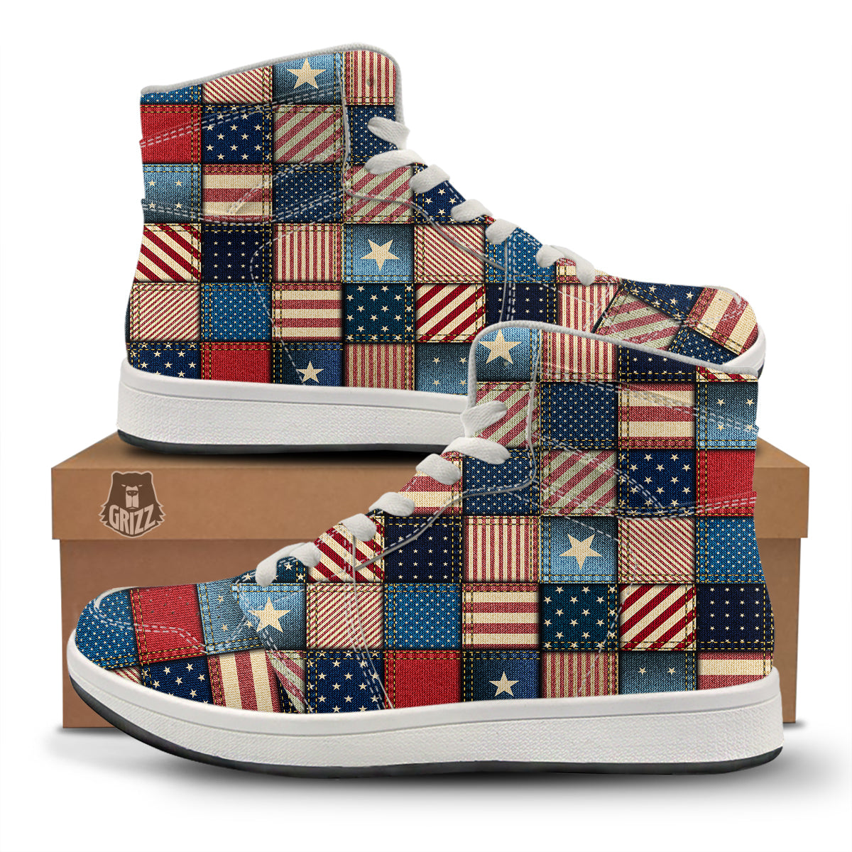Patchwork Denim American Print Pattern High Top Sneakers-grizzshop