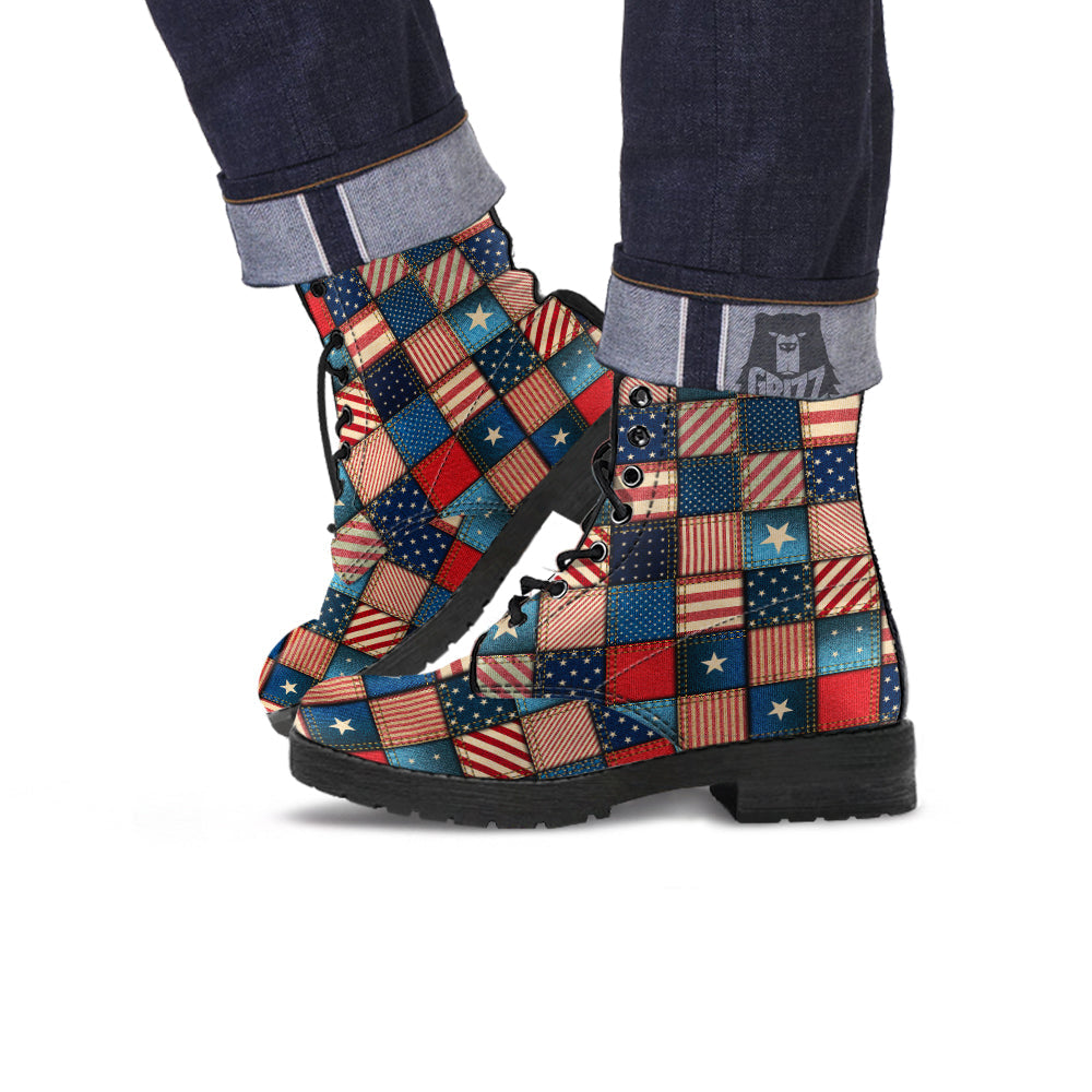 Patchwork Denim American Print Pattern Leather Boots-grizzshop