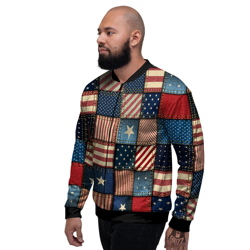Patchwork Denim American Print Pattern Men's Bomber Jacket-grizzshop