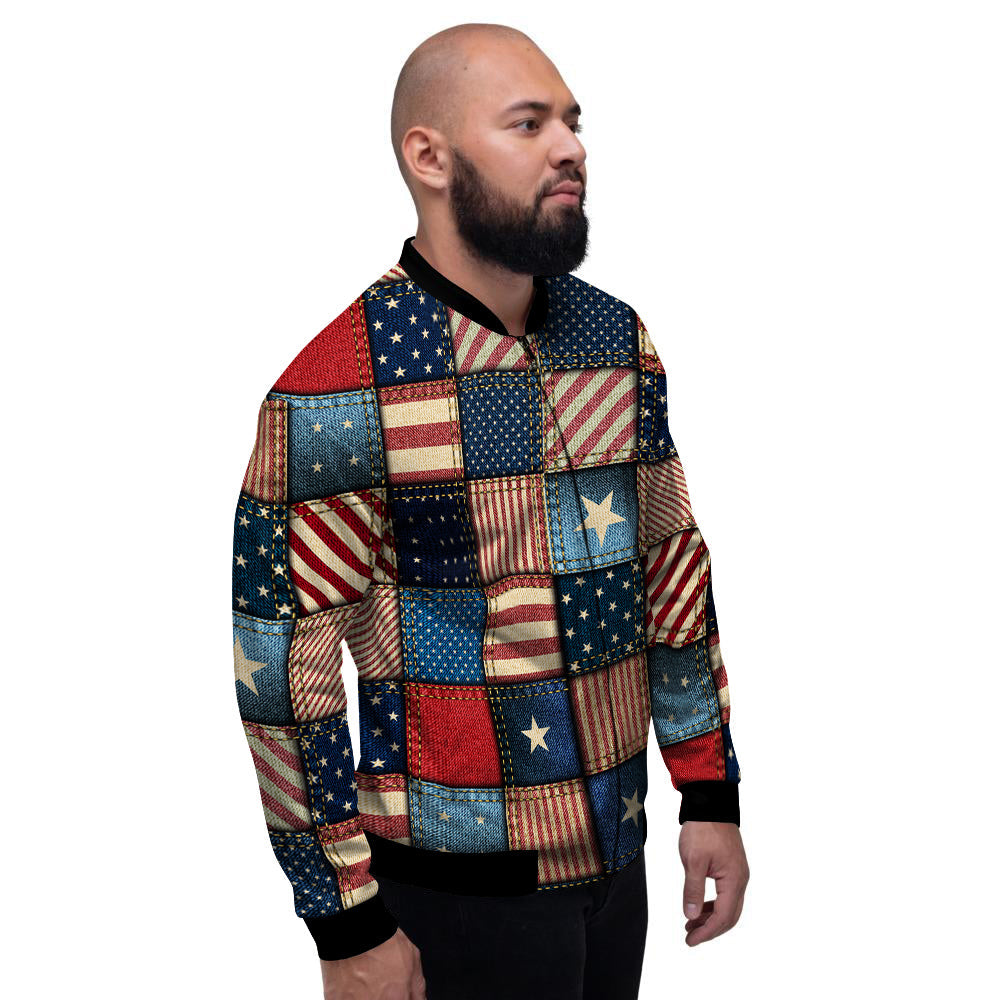 Patchwork Denim American Print Pattern Men's Bomber Jacket-grizzshop