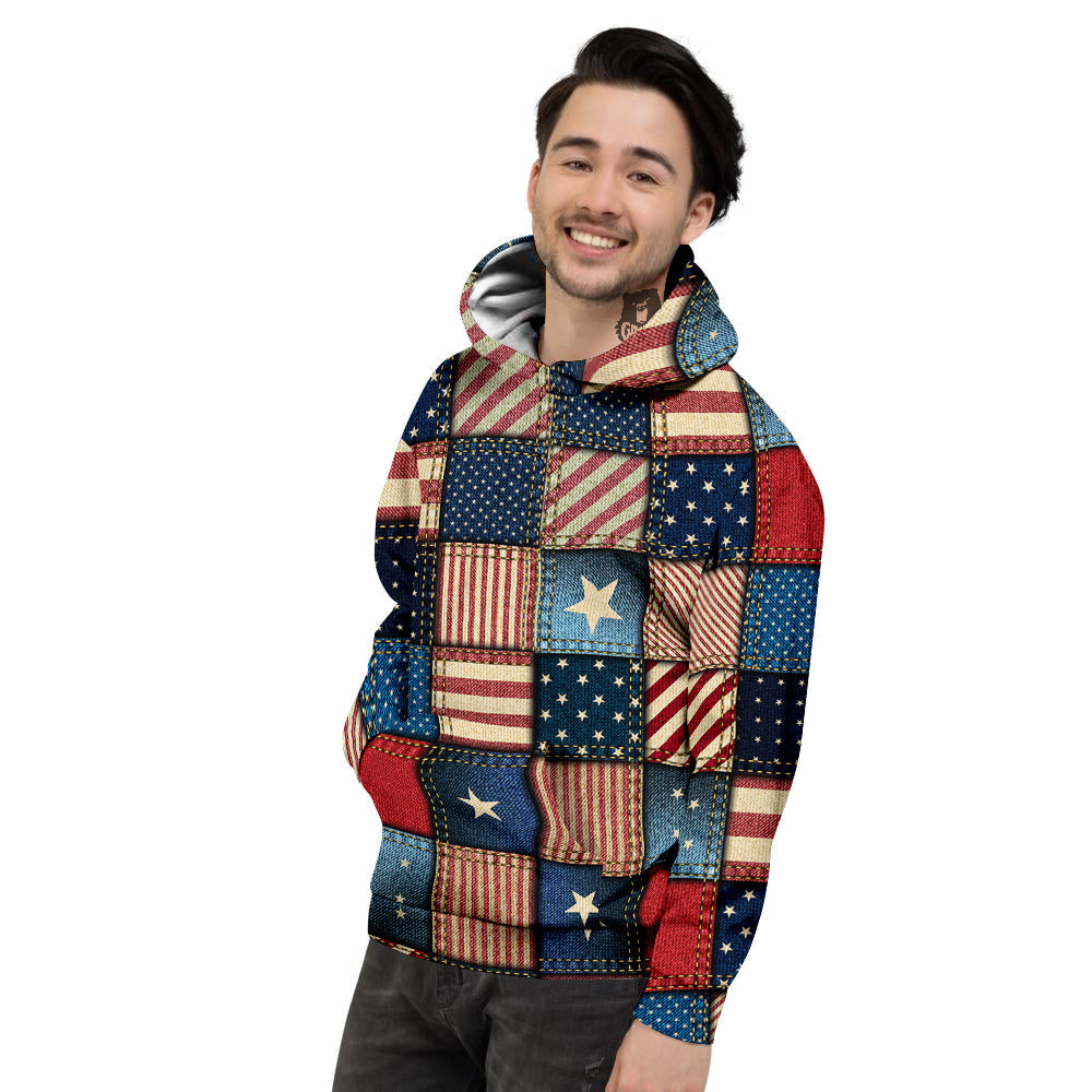 Patchwork Denim American Print Pattern Men's Hoodie-grizzshop