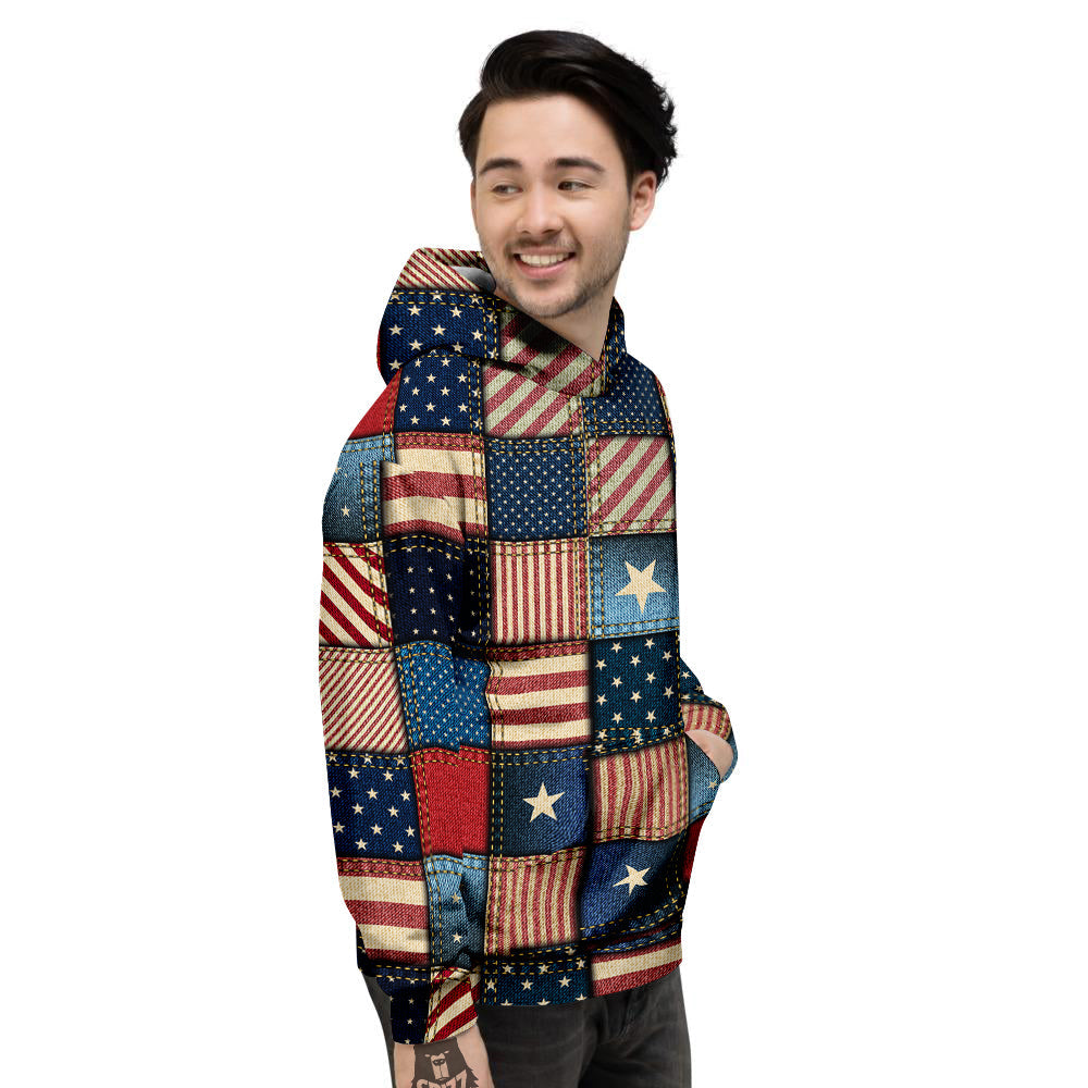 Patchwork Denim American Print Pattern Men's Hoodie-grizzshop