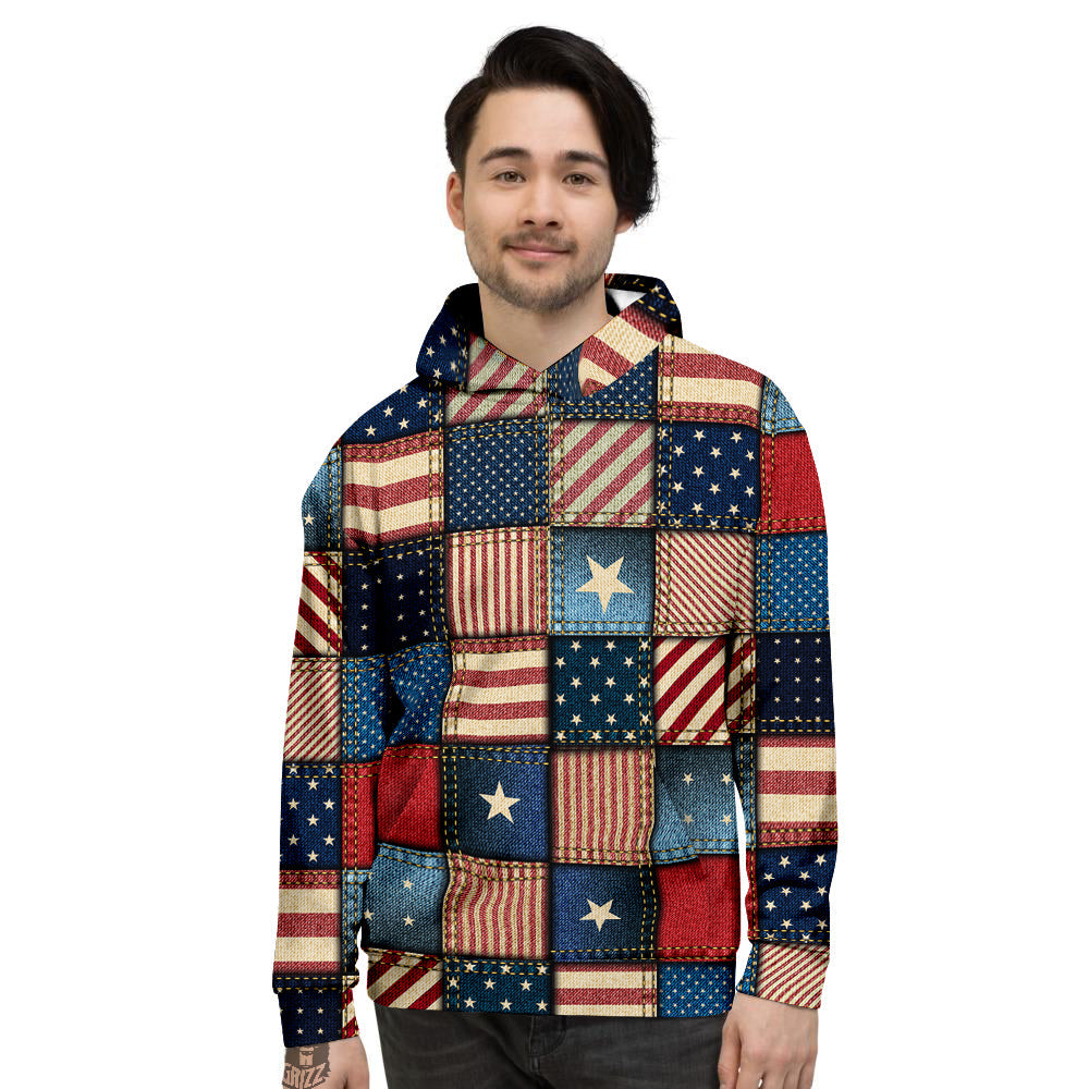 Patchwork Denim American Print Pattern Men's Hoodie-grizzshop
