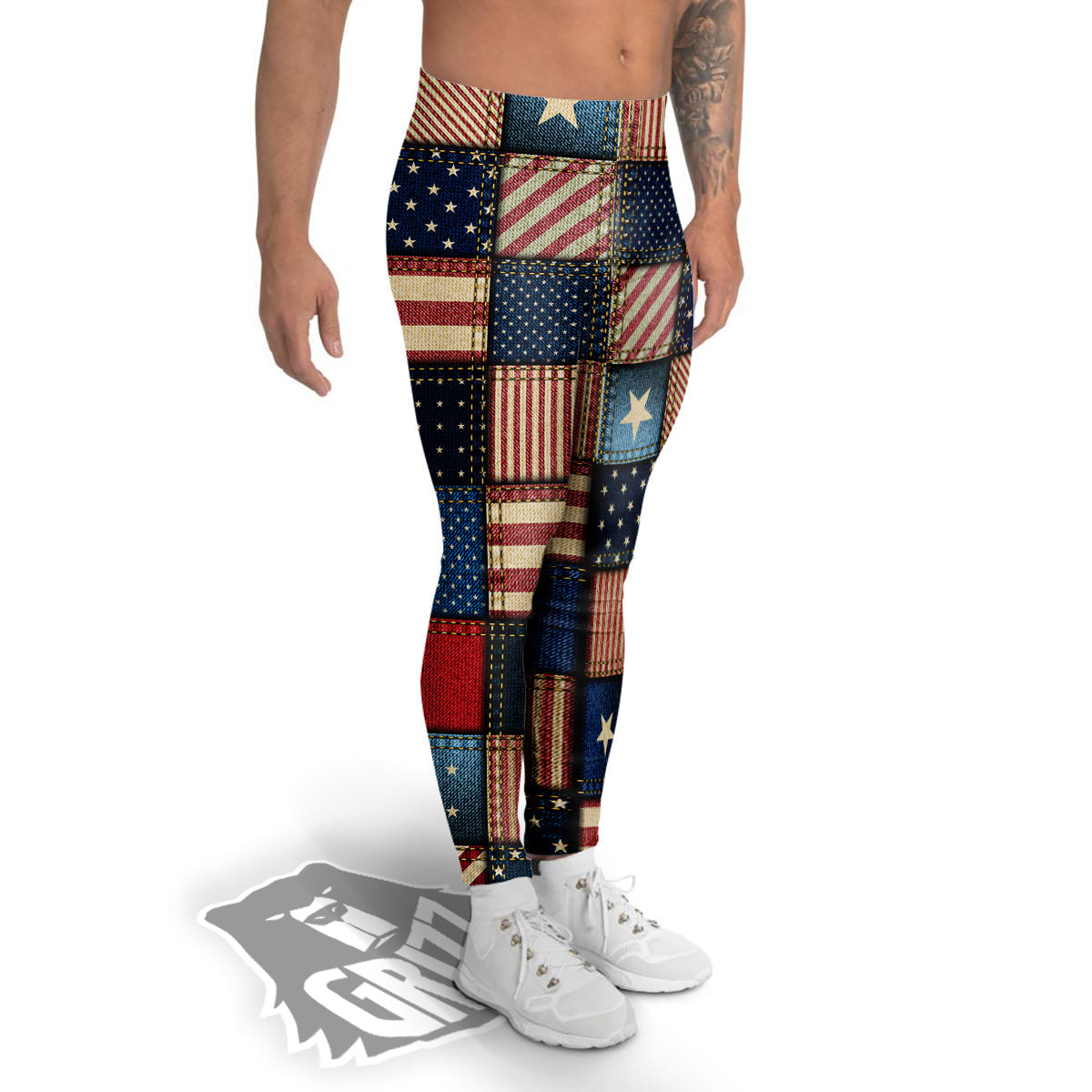 Patchwork Denim American Print Pattern Men's Leggings-grizzshop