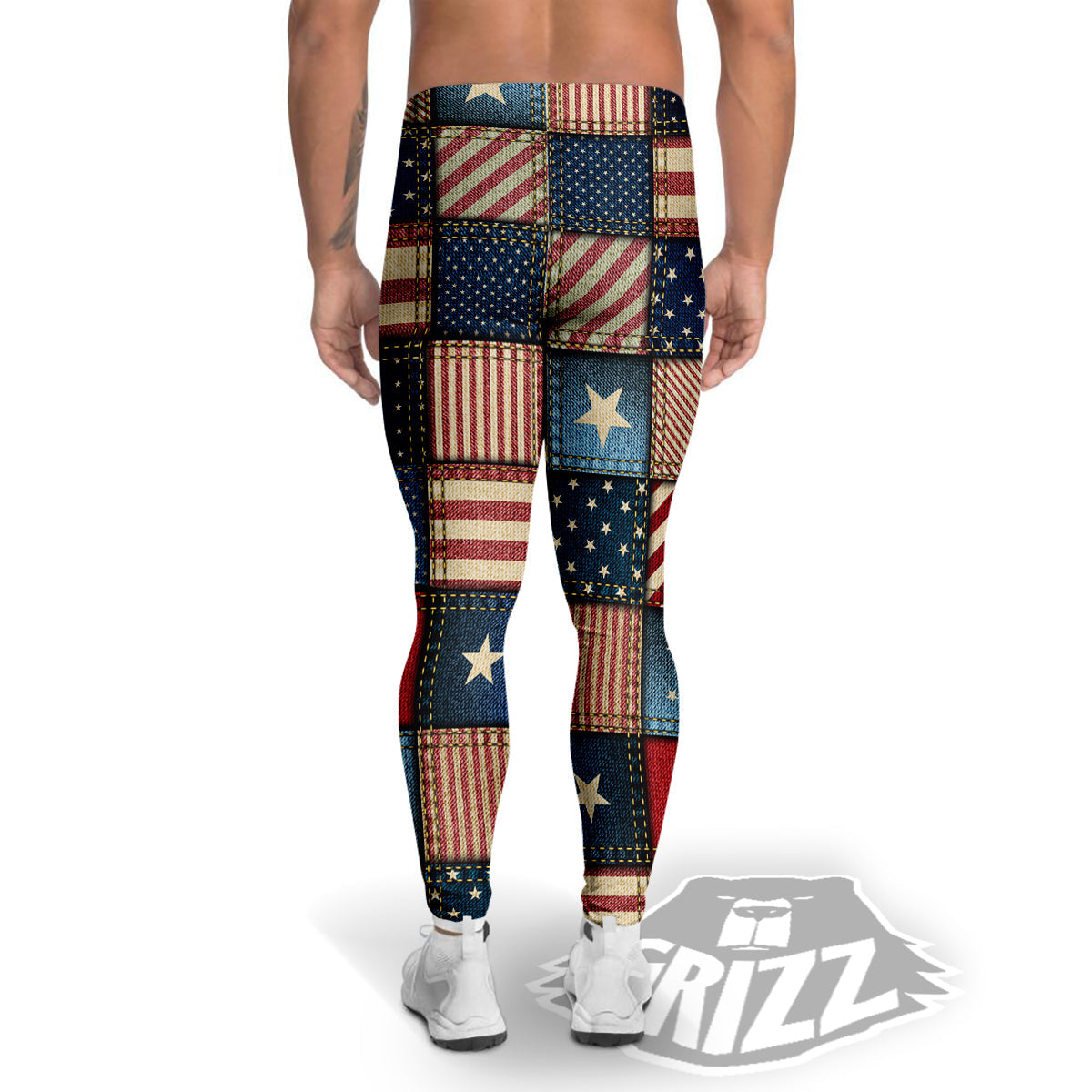 Patchwork Denim American Print Pattern Men's Leggings-grizzshop