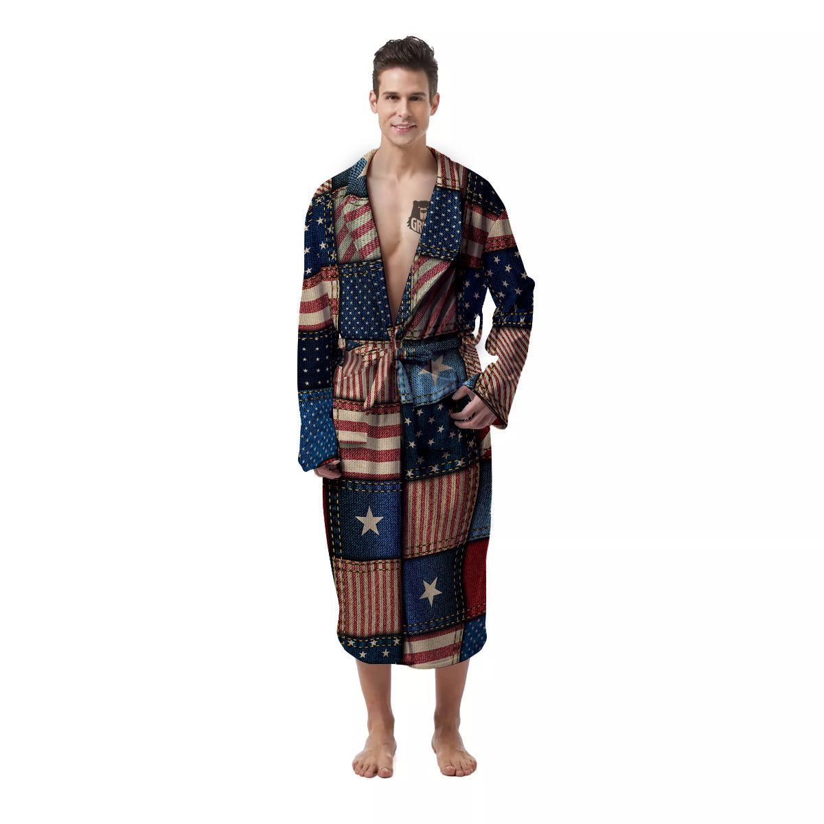 Patchwork Denim American Print Pattern Men's Robe-grizzshop
