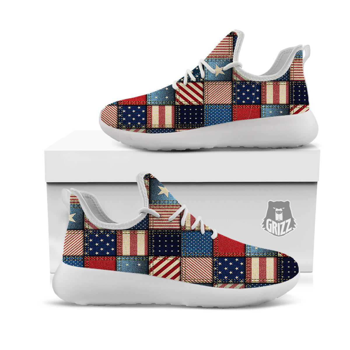 Patchwork Denim American Print Pattern White Athletic Shoes-grizzshop