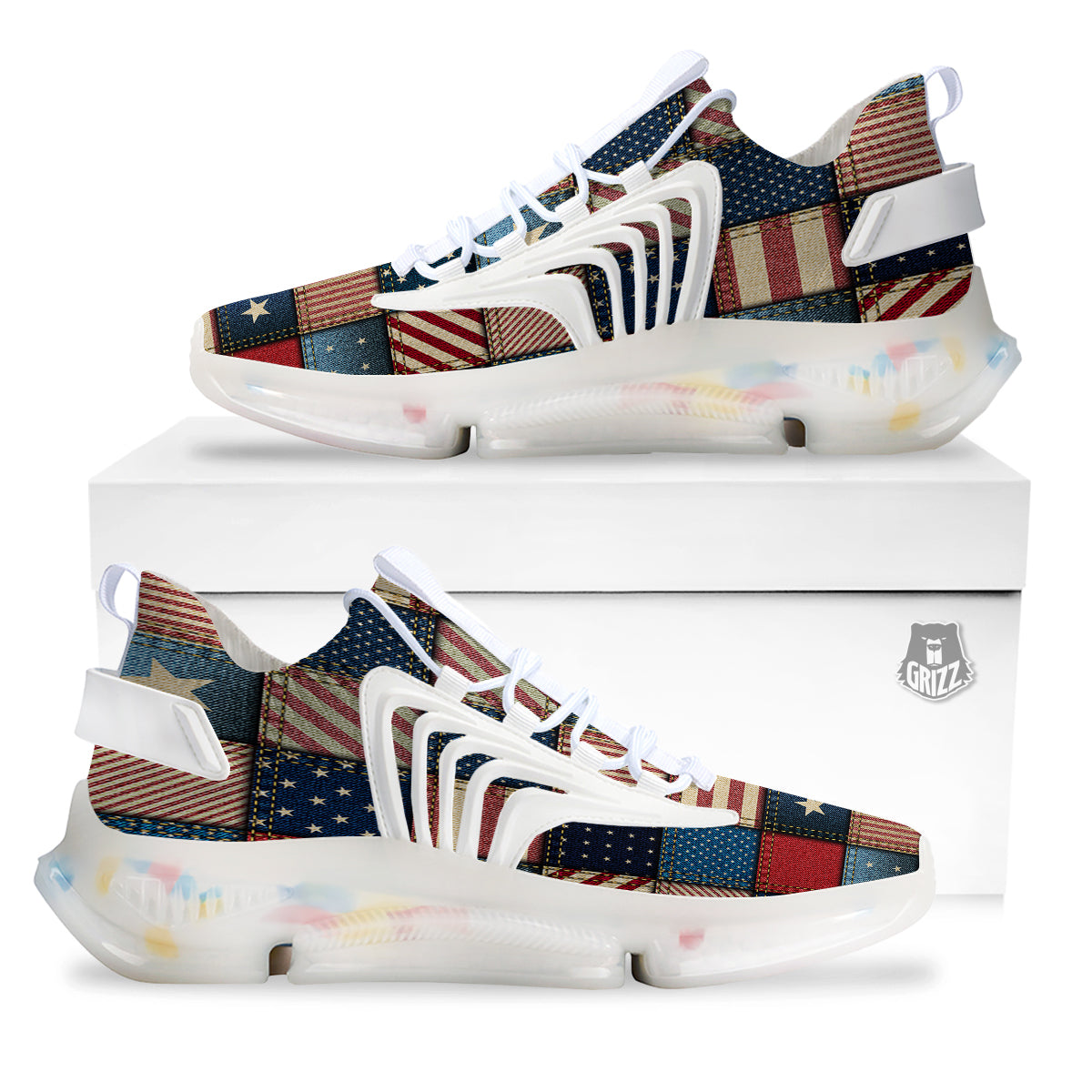 Patchwork Denim American Print Pattern White Gym Shoes-grizzshop