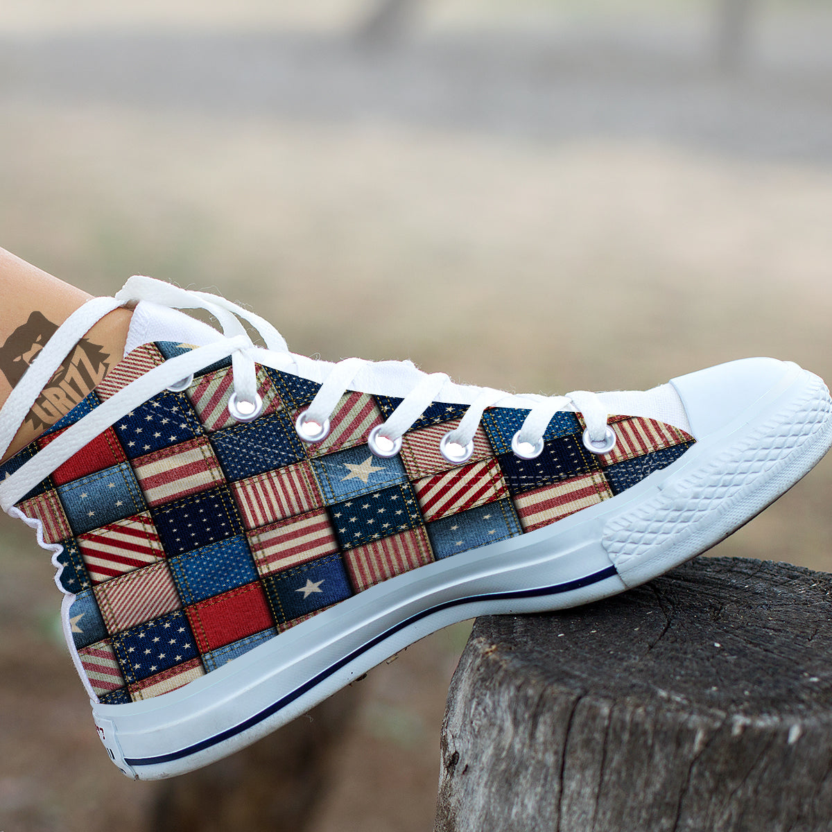 Patchwork Denim American Print Pattern White High Top Shoes-grizzshop