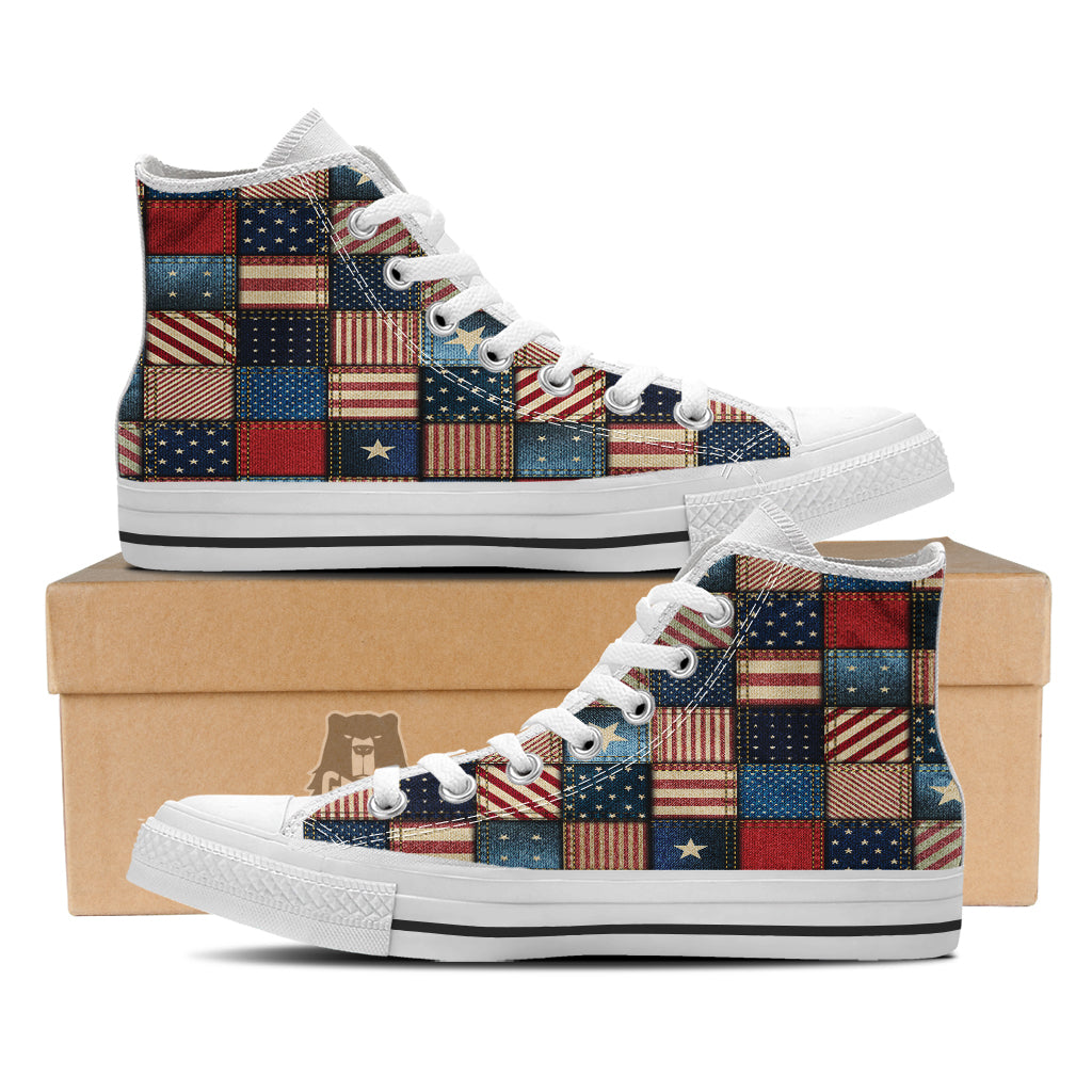 Patchwork Denim American Print Pattern White High Top Shoes-grizzshop