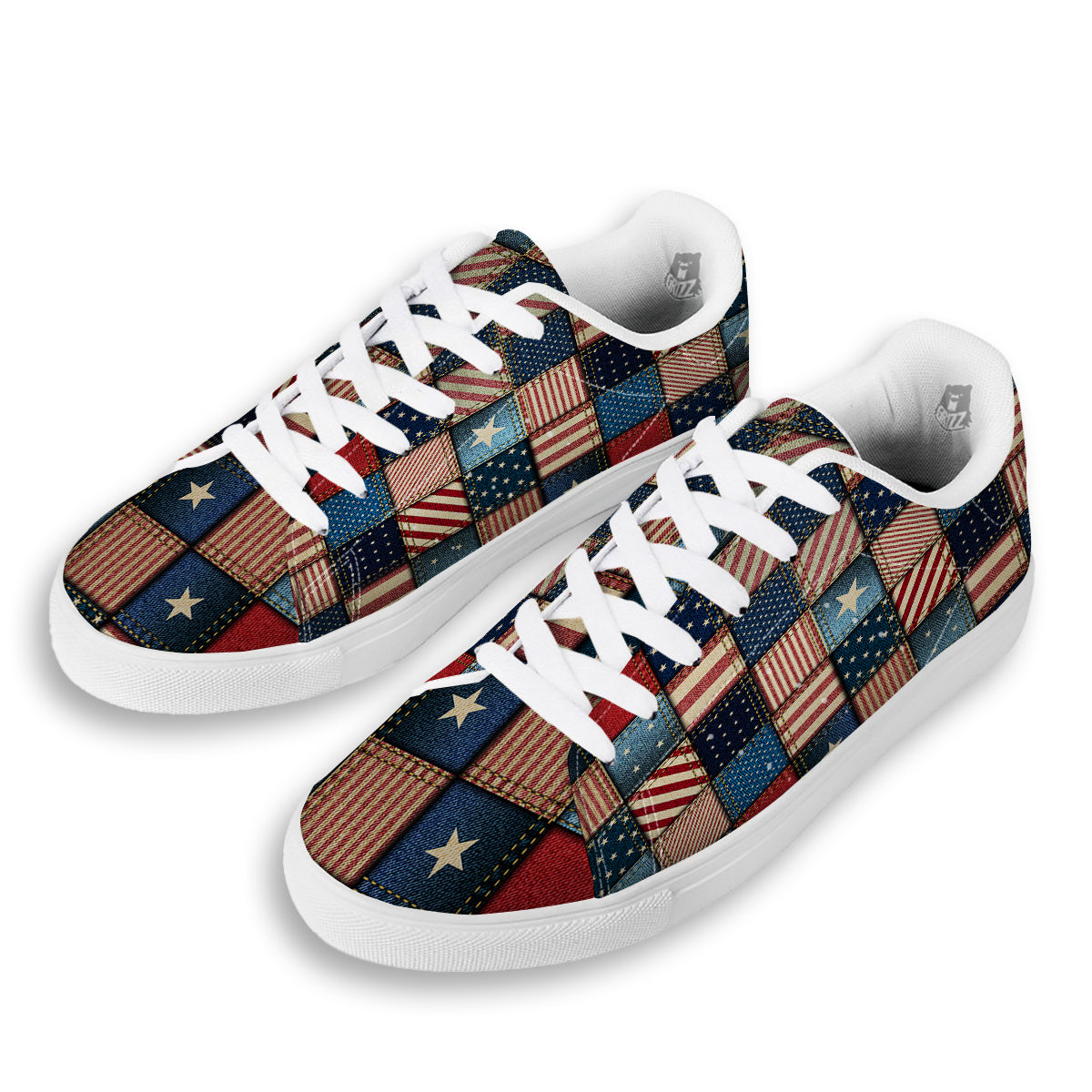 Patchwork Denim American Print Pattern White Low Top Sneakers-grizzshop