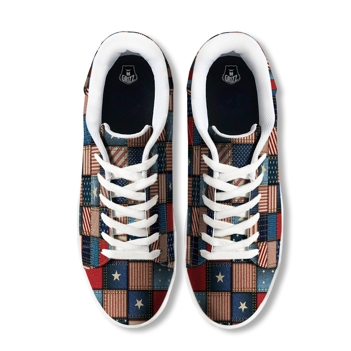 Patchwork Denim American Print Pattern White Low Top Sneakers-grizzshop