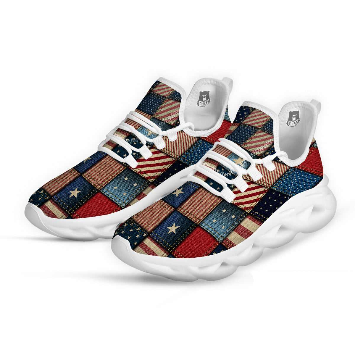 Patchwork Denim American Print Pattern White Running Shoes-grizzshop