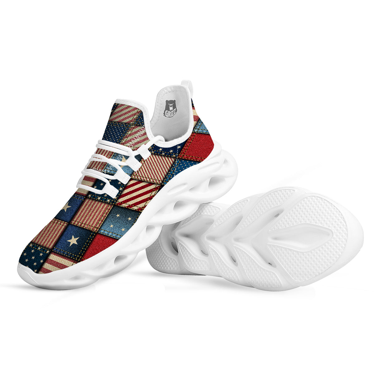 Patchwork Denim American Print Pattern White Running Shoes-grizzshop