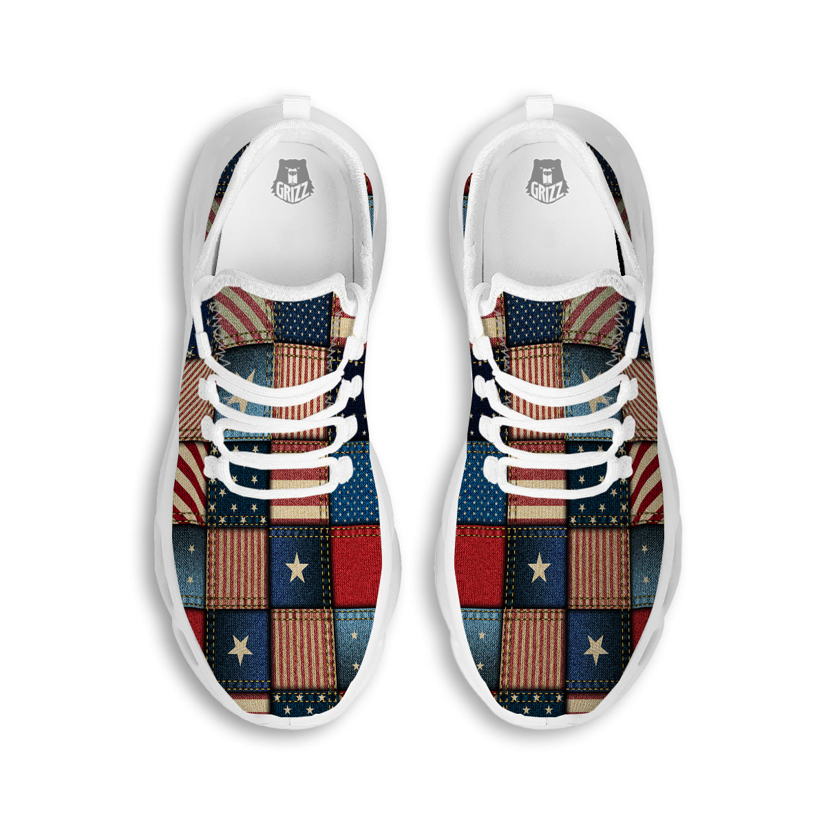 Patchwork Denim American Print Pattern White Running Shoes-grizzshop