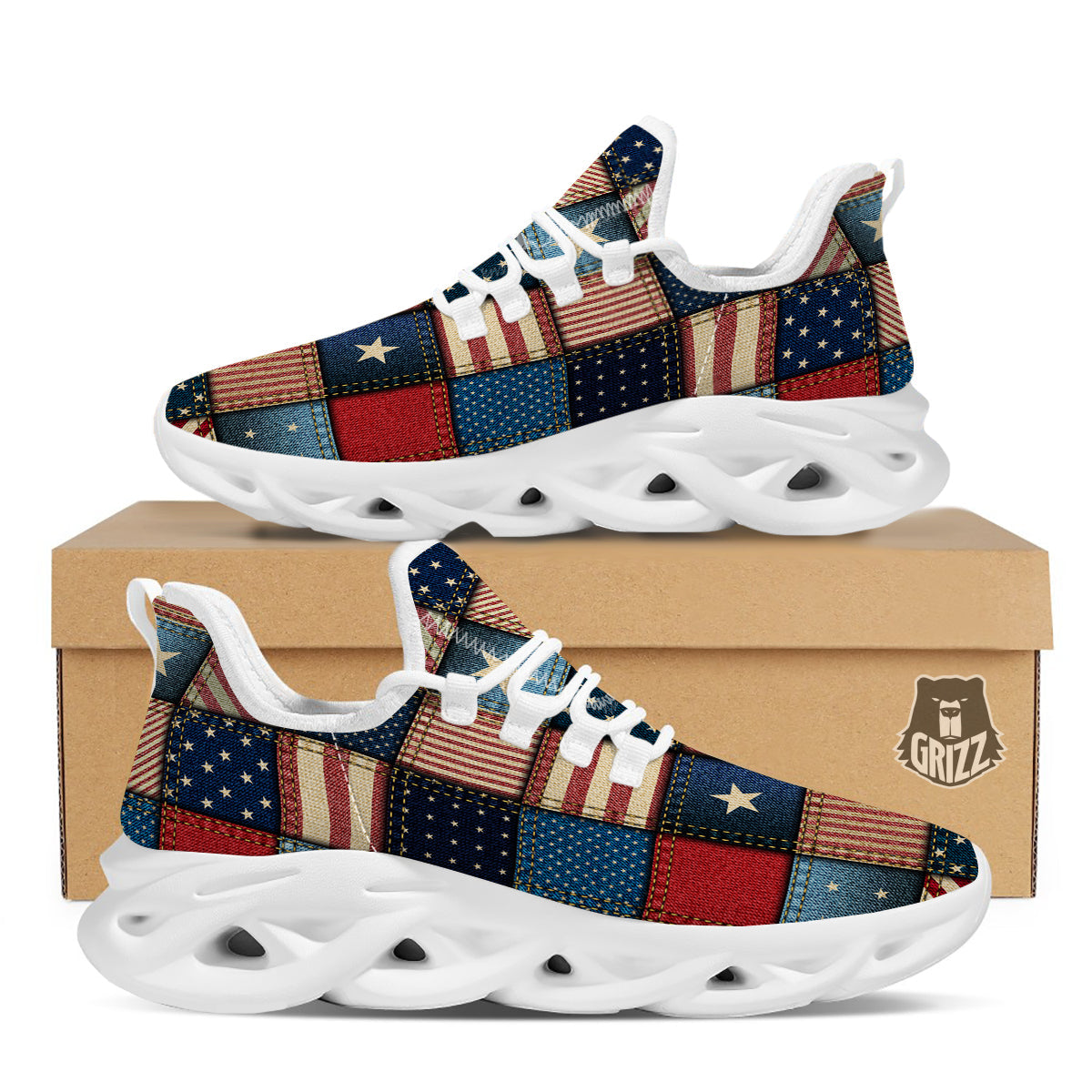 Patchwork Denim American Print Pattern White Running Shoes-grizzshop