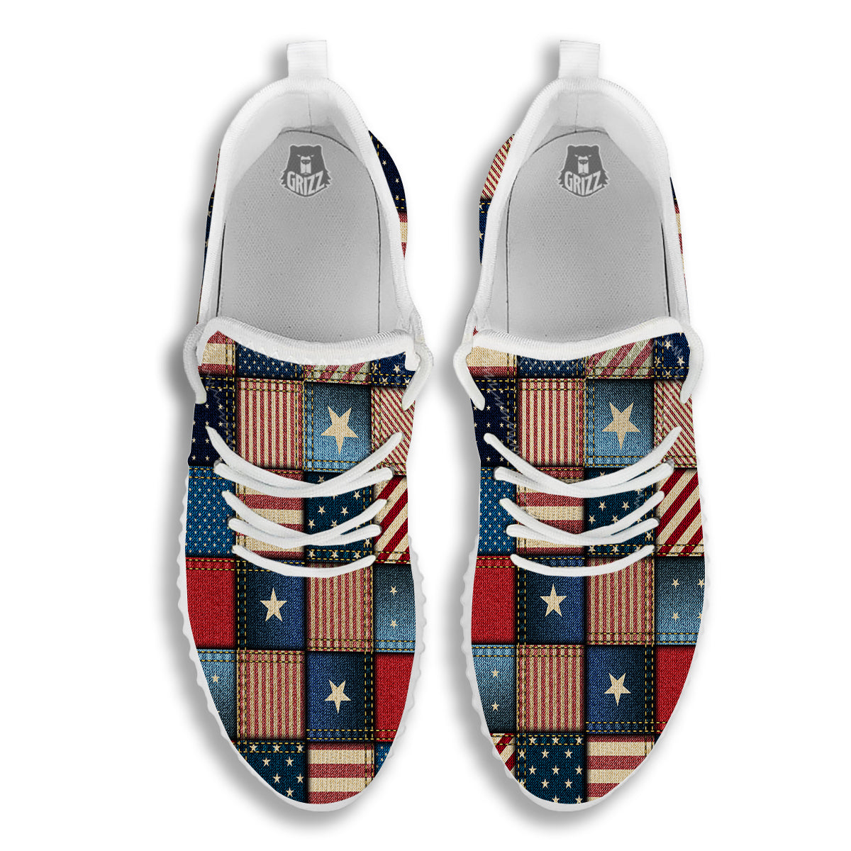 Patchwork Denim American Print Pattern White Walking Shoes-grizzshop