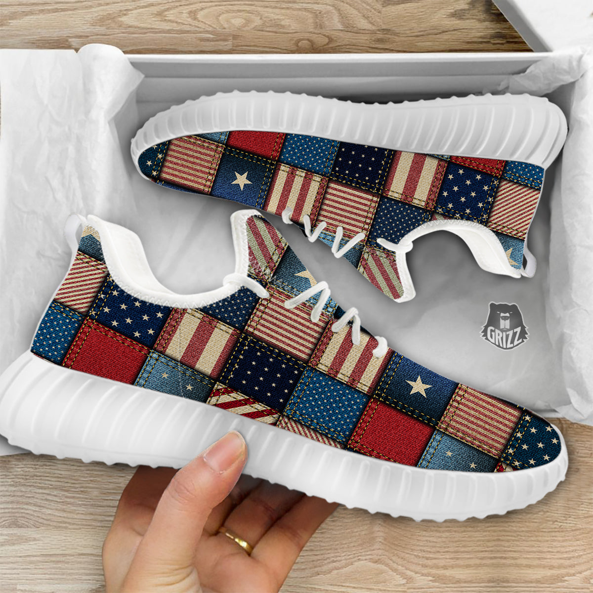Patchwork Denim American Print Pattern White Walking Shoes-grizzshop