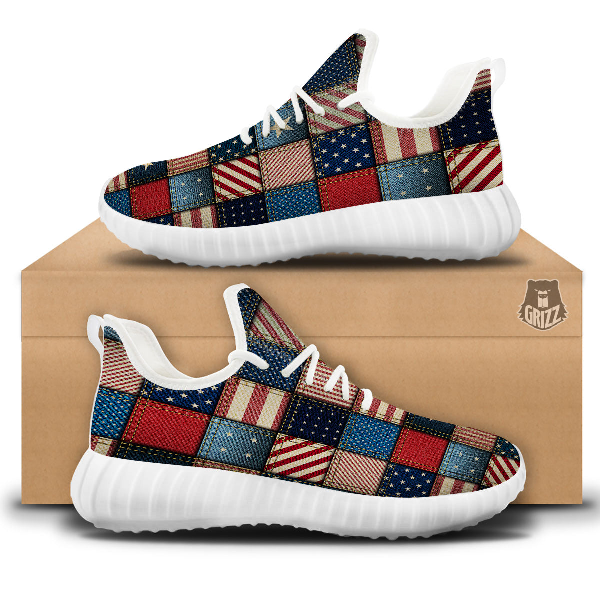 Patchwork Denim American Print Pattern White Walking Shoes-grizzshop