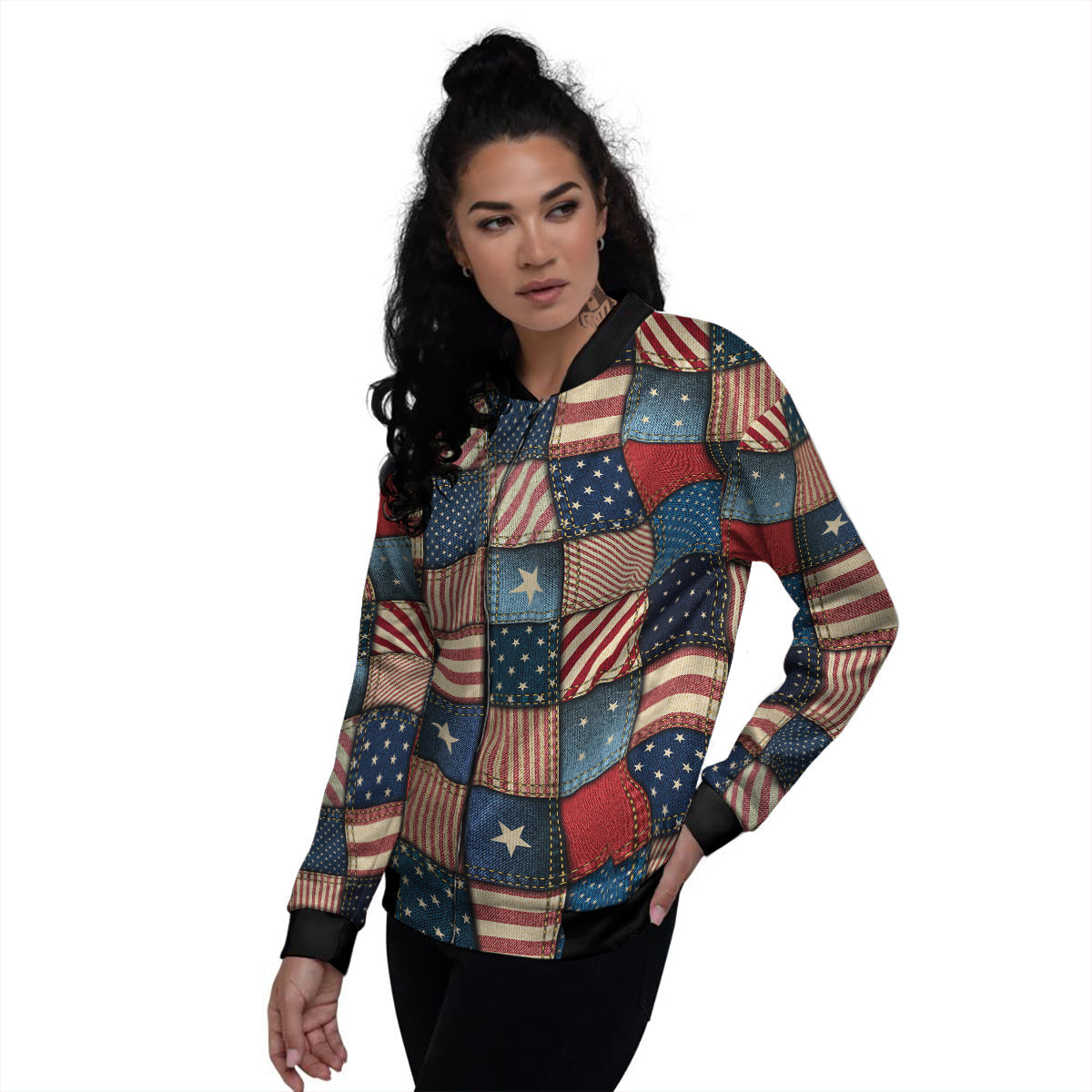 Patchwork Denim American Print Pattern Women's Bomber Jacket-grizzshop