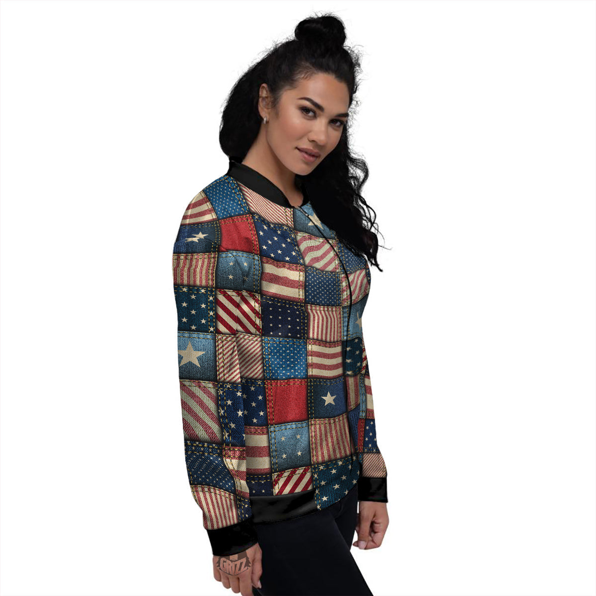Patchwork Denim American Print Pattern Women's Bomber Jacket-grizzshop