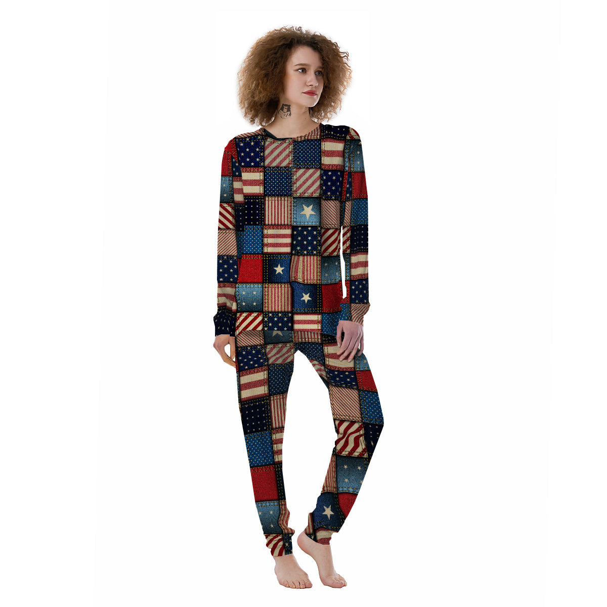 Patchwork Denim American Print Pattern Women's Pajamas-grizzshop