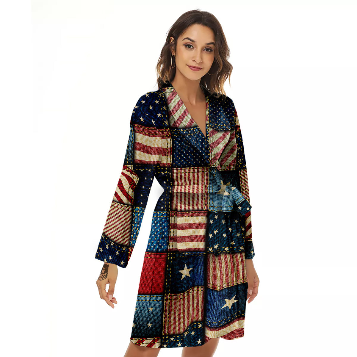 Patchwork Denim American Print Pattern Women's Robe-grizzshop