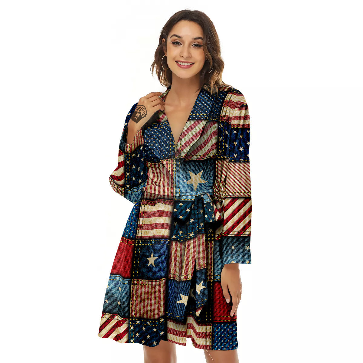 Patchwork Denim American Print Pattern Women's Robe-grizzshop