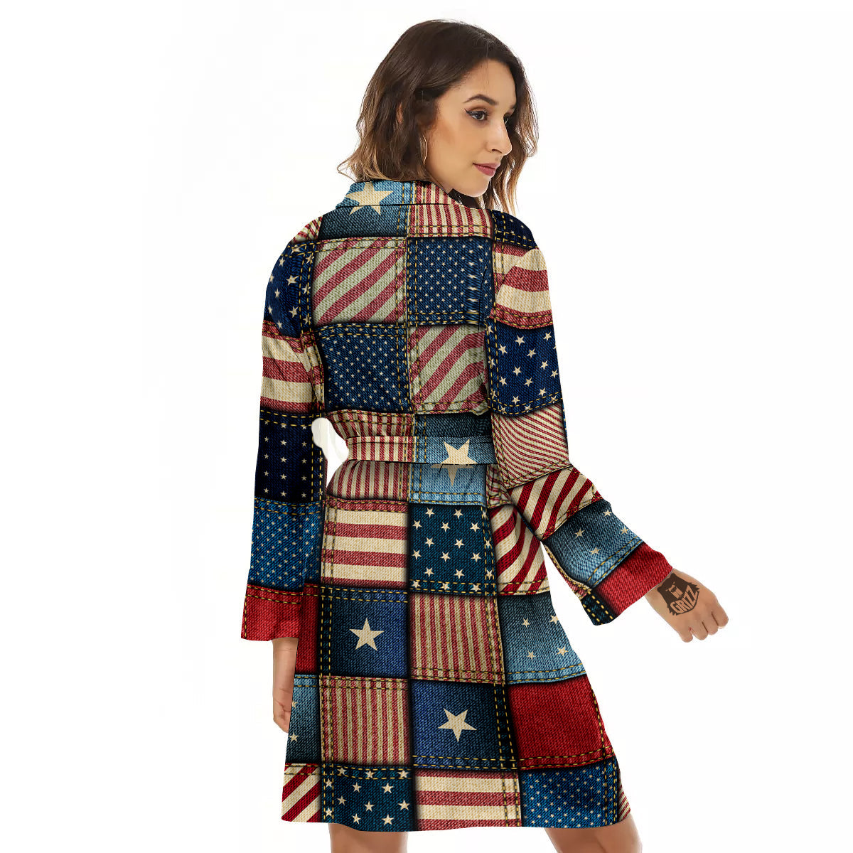 Patchwork Denim American Print Pattern Women's Robe-grizzshop
