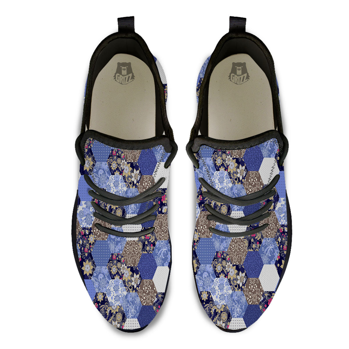 Patchwork Denim And Plaid Print Pattern Black Athletic Shoes-grizzshop