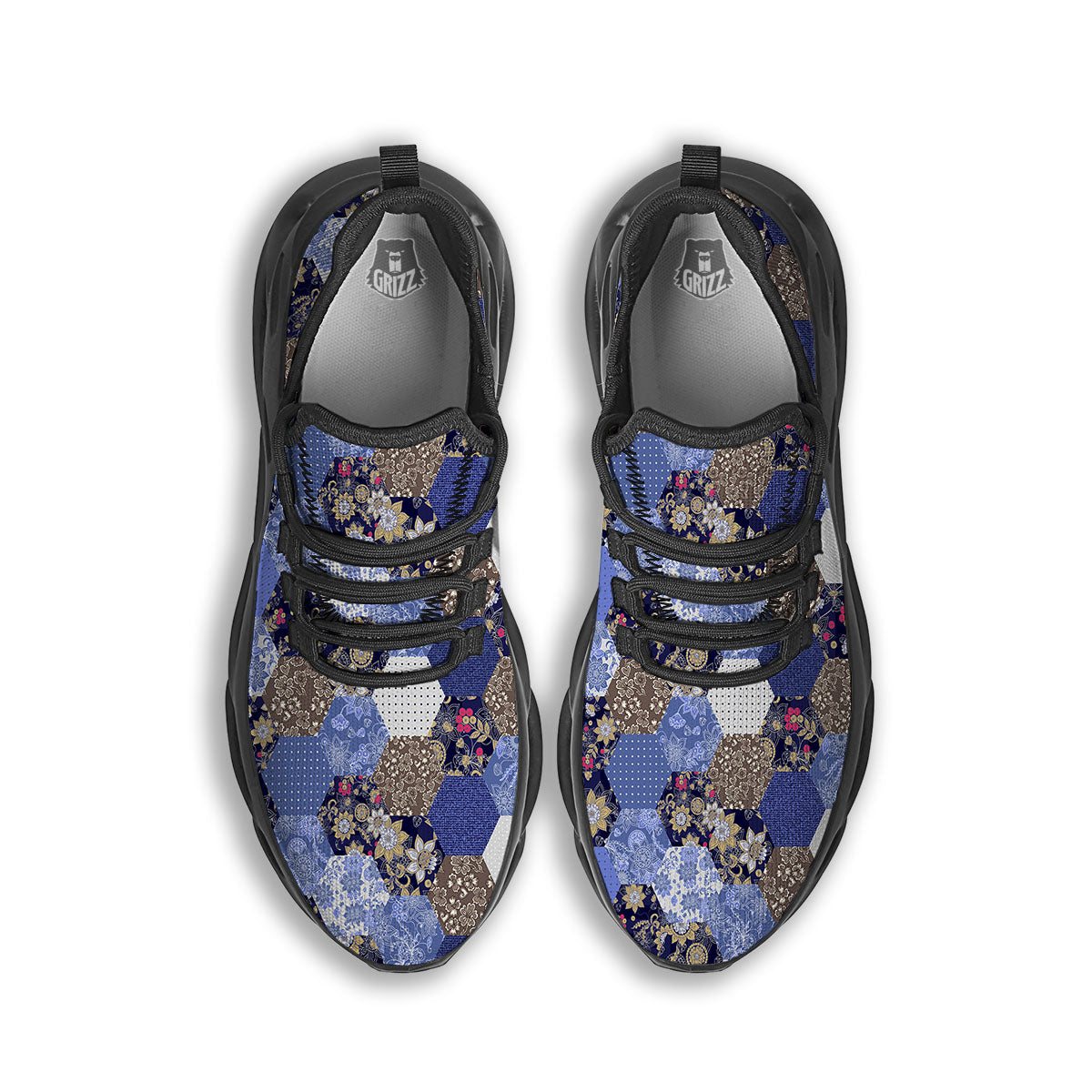 Patchwork Denim And Plaid Print Pattern Black Running Shoes-grizzshop