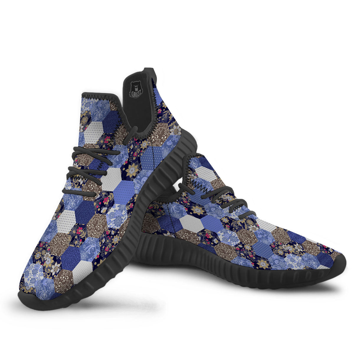 Patchwork Denim And Plaid Print Pattern Black Walking Shoes-grizzshop