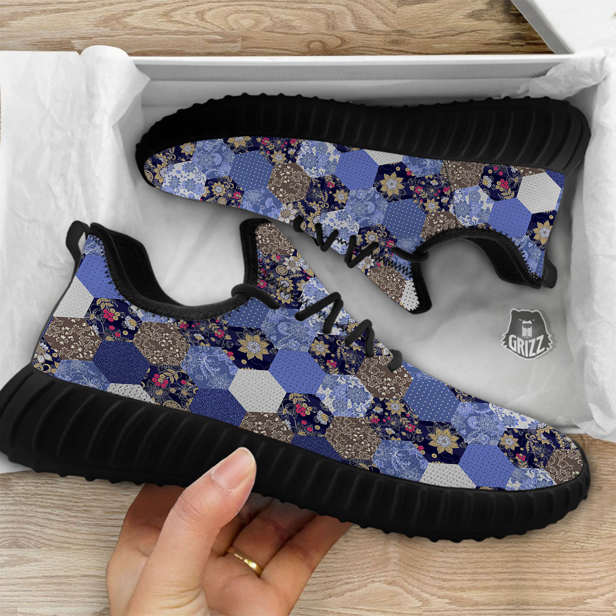 Patchwork Denim And Plaid Print Pattern Black Walking Shoes-grizzshop