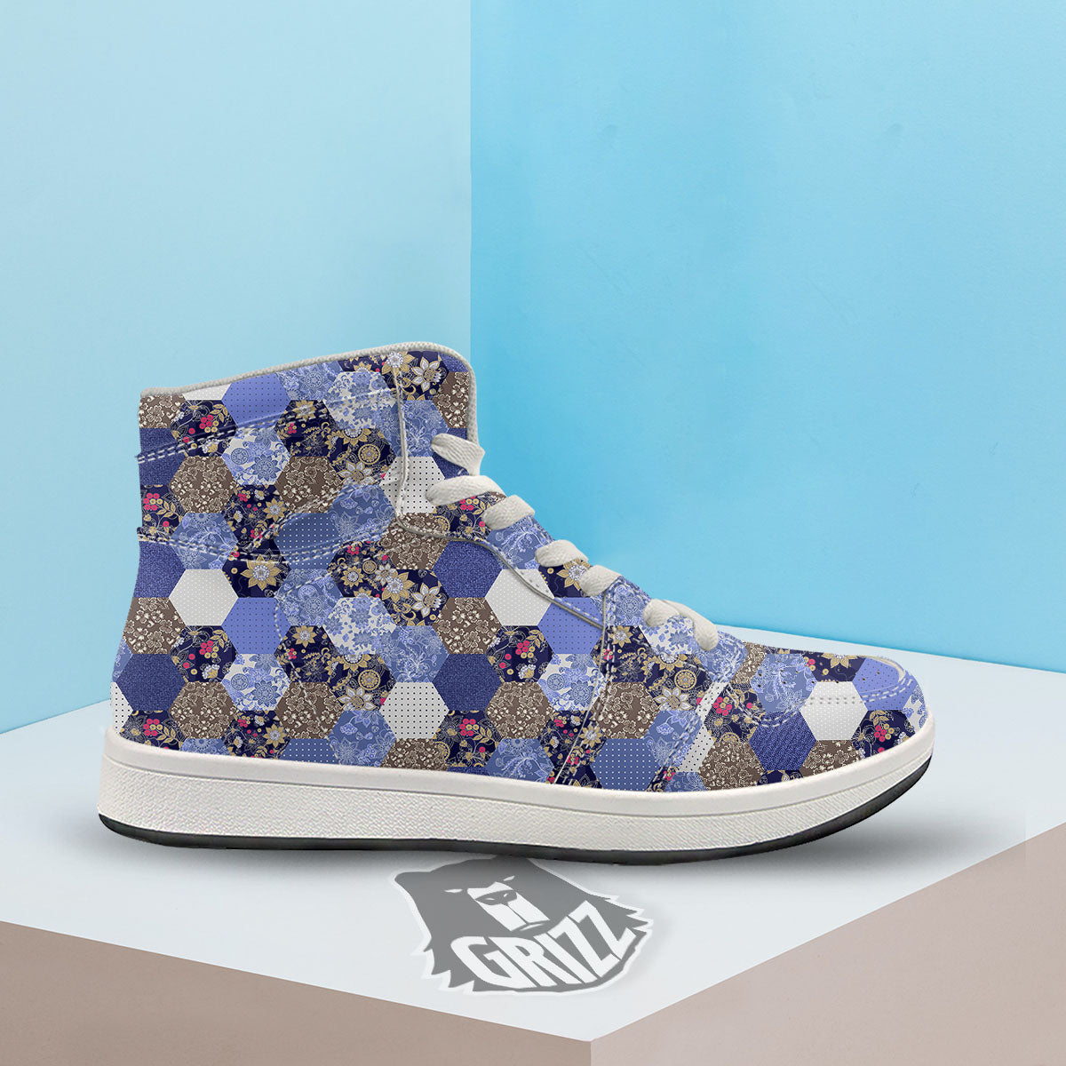 Patchwork Denim And Plaid Print Pattern High Top Sneakers-grizzshop